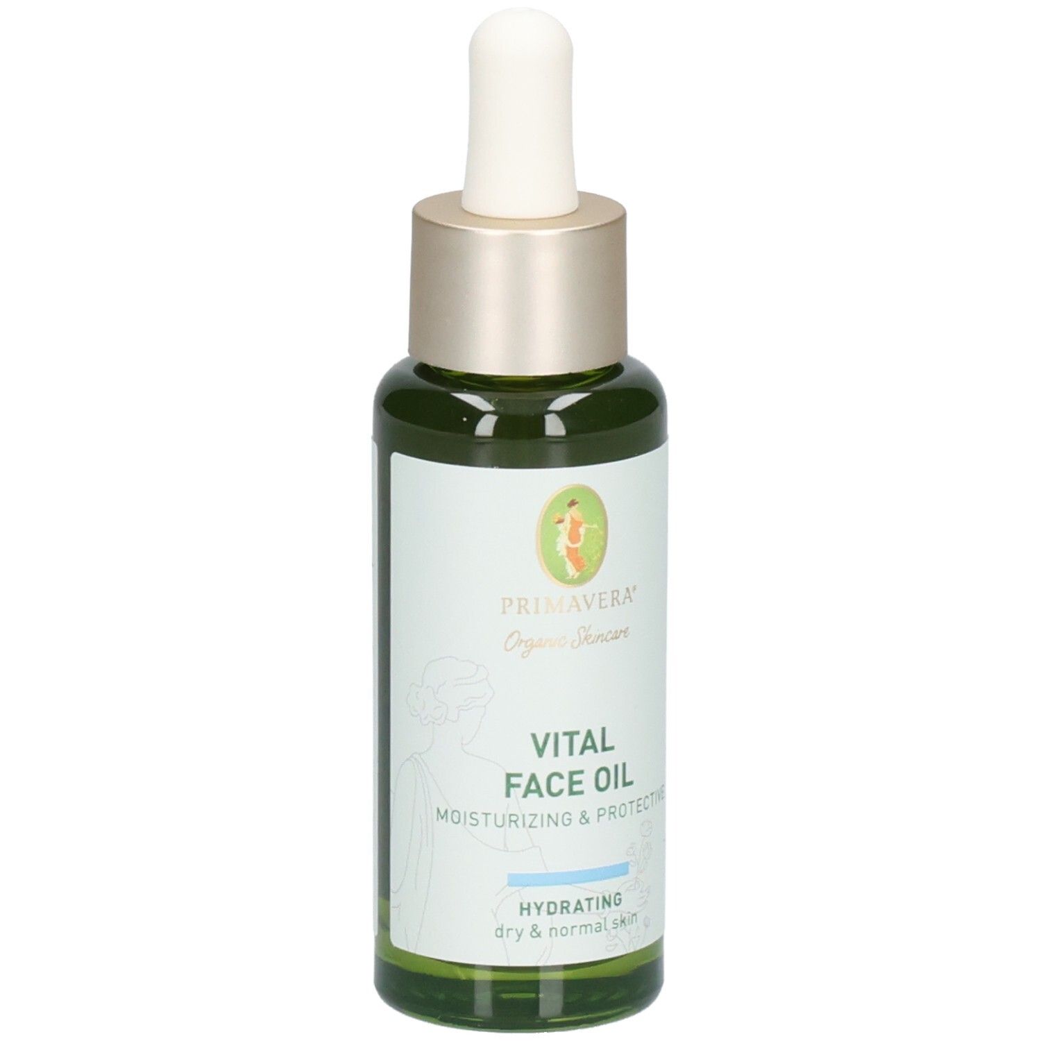 Grüne Glasflasche mit Pipettenverschluss, Etikett mit "VITAL FACE OIL" und "PRIMAVERA Organic Skincare".