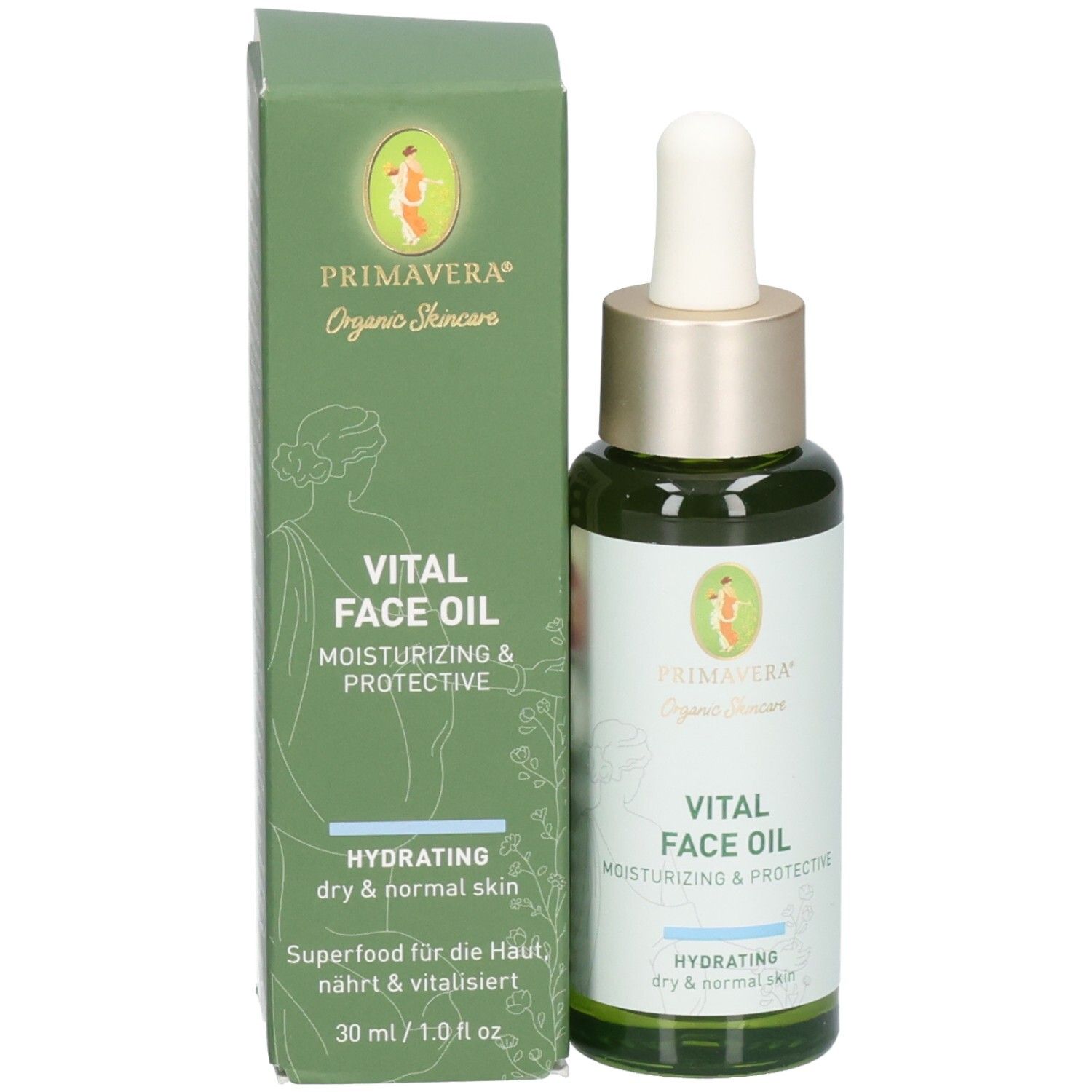 Grüne Glasflasche mit Pipette neben passender grüner Faltschachtel, beide mit "VITAL FACE OIL" Etikett.