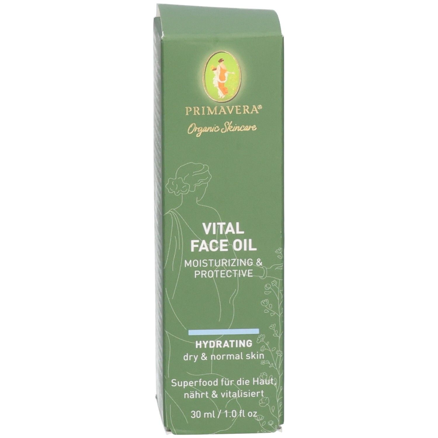 Grüne Faltschachtel mit Etikett "VITAL FACE OIL", "PRIMAVERA Organic Skincare" und 30ml Angabe.