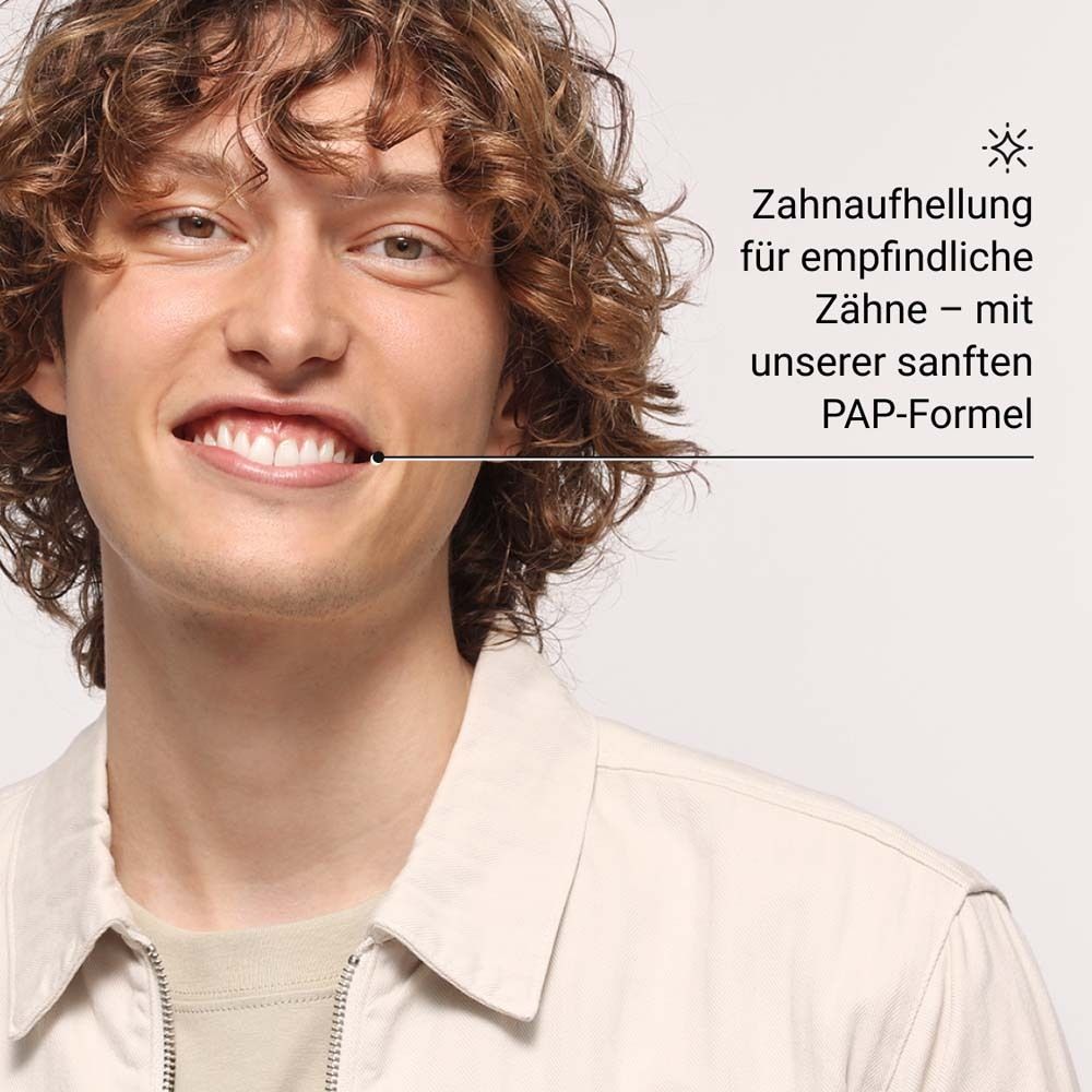 Ein Mann lächelt. Text: Zahnaufhellung für empfindliche Zähne – mit unserer sanften PAP-Formel.