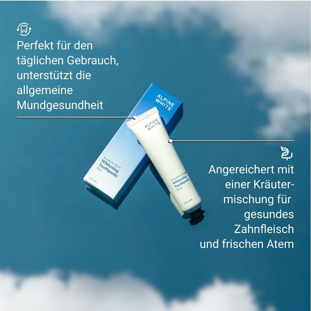Zahnpasta und Schachtel. Text: ALPINE WHITE, Whitening Toothpaste, Sensitivity Relief, 75 ml.