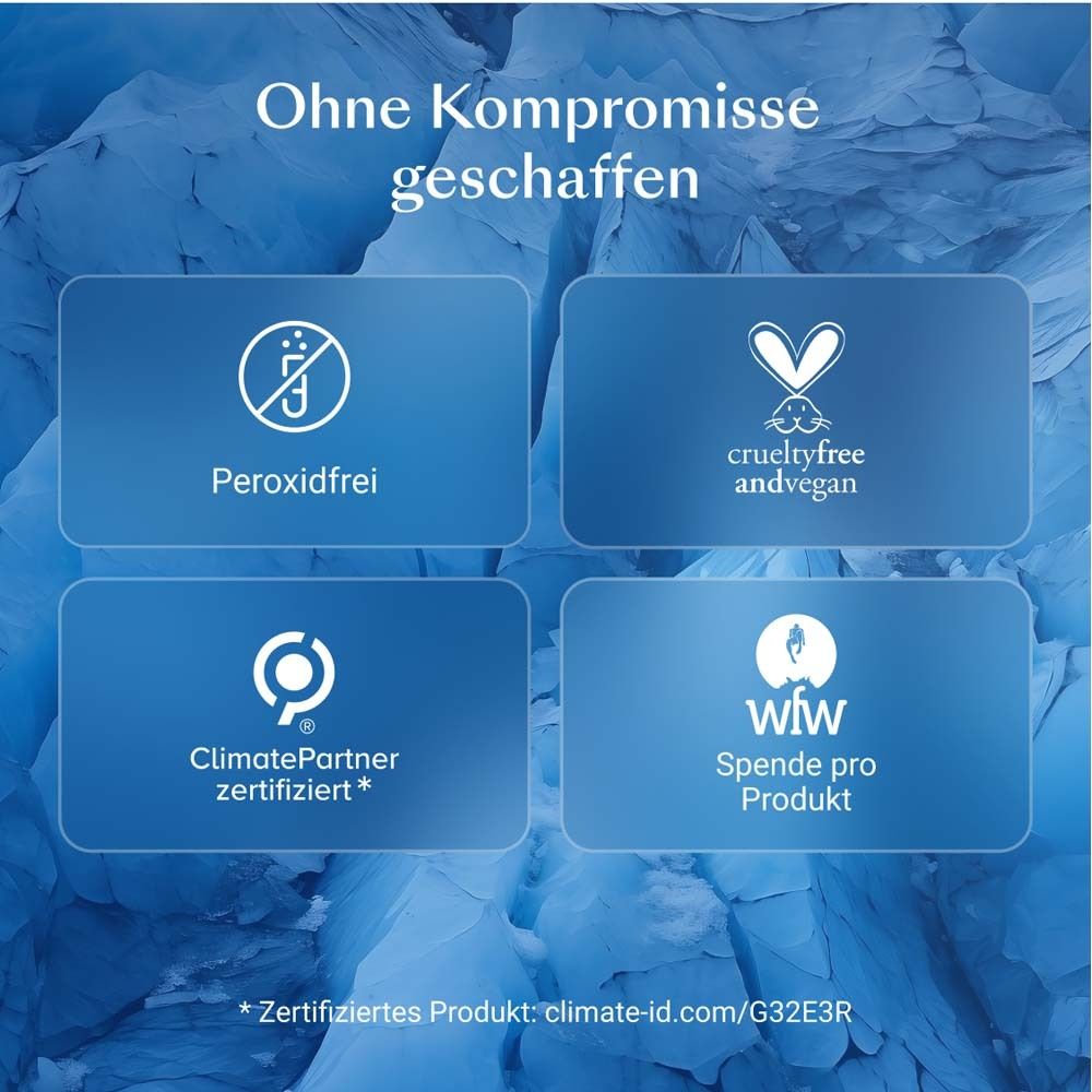 Symbole: Peroxidfrei, Crueltyfree andvegan, ClimatePartner zertifiziert, wfw Spende pro Produkt.