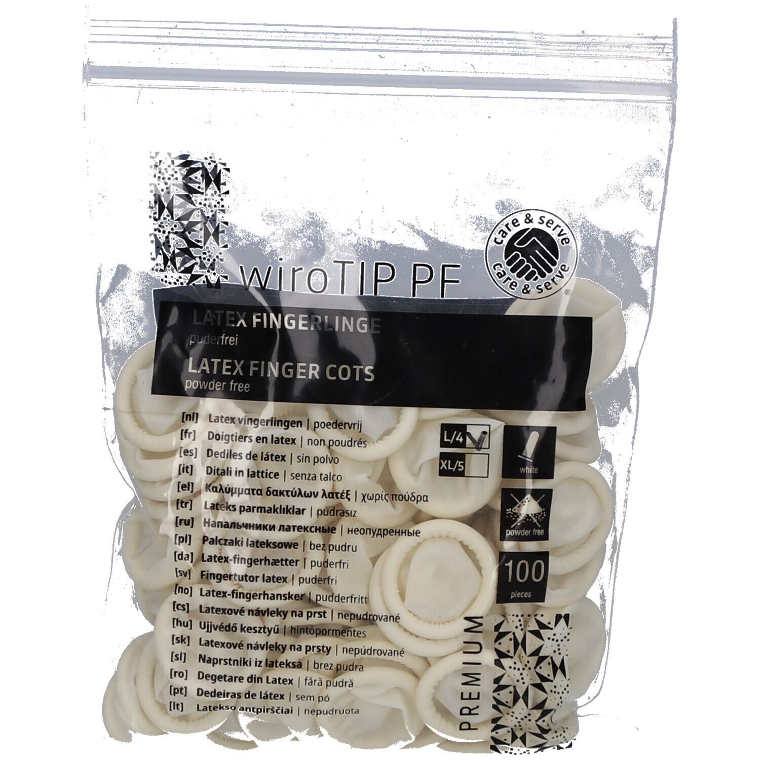 Beutel mit Latex-Fingerlingen. Aufdrucke: Latex Fingerlinge, Größenangabe, 100 Stück.