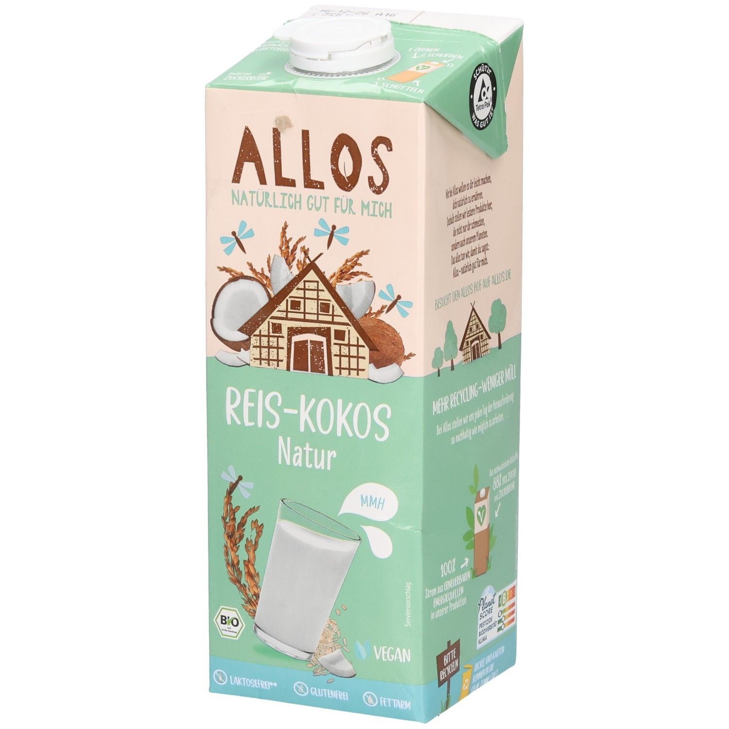 Tetrapack mit Allos Reis-Kokos Drink. Aufdrucke: Logo, Produktname, Bio-Siegel, Vegan-Siegel. Illustrationen von Kokosnuss und Reis.