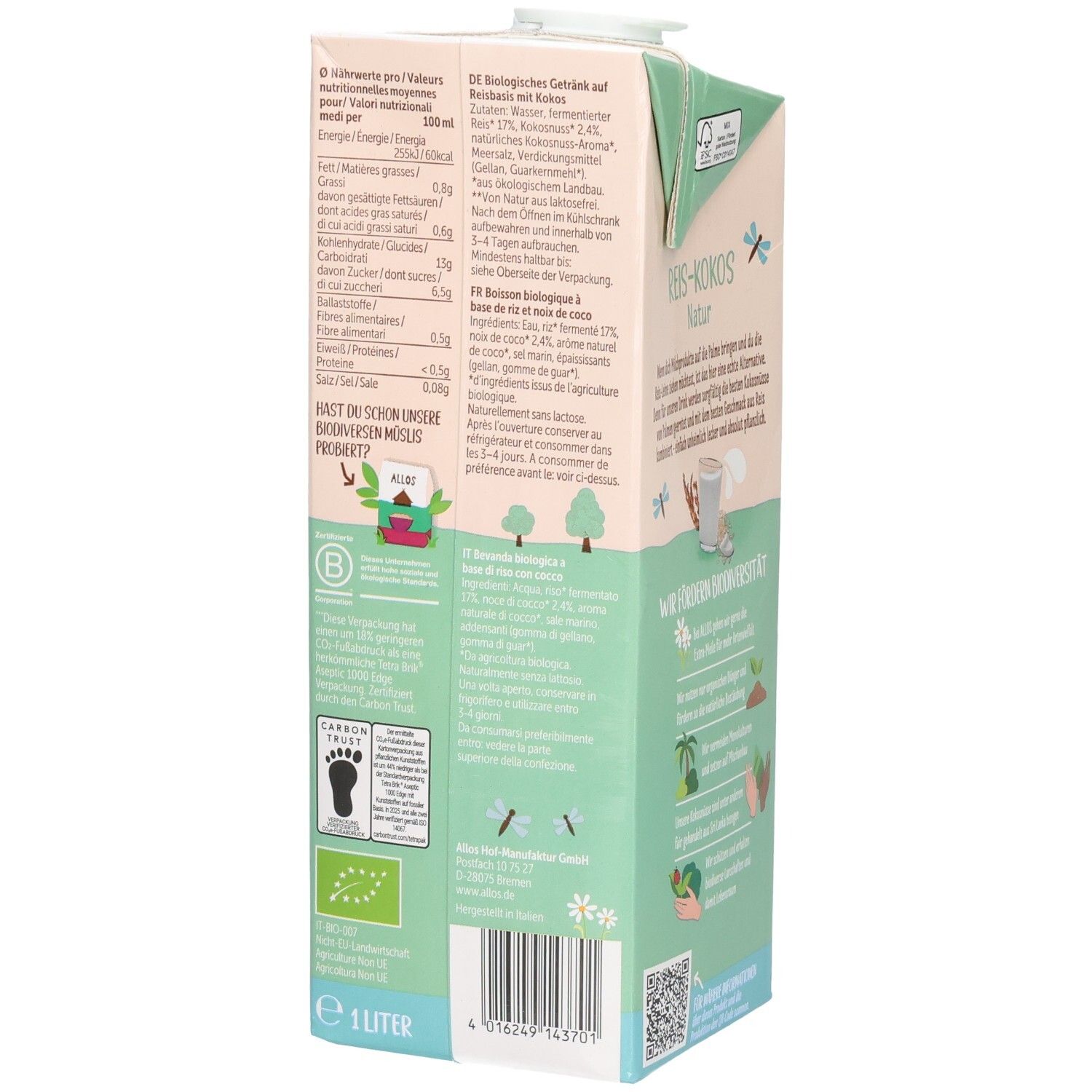 Rückseite des Tetrapacks mit Allos Reis-Kokos Drink. Nährwerttabelle, Zutatenliste, Bio-Siegel, Vegan-Siegel, Fußabdruck-Symbol, 1 Liter.