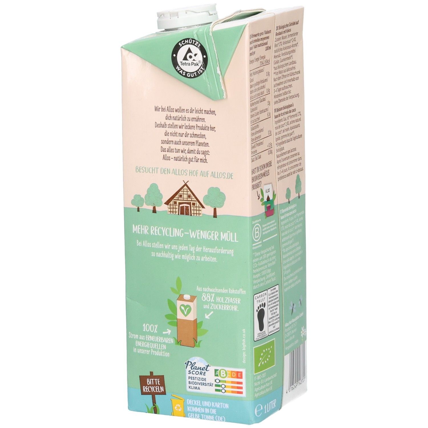 Tetrapack mit Allos Reis-Kokos Drink. Text: Informationen zum Recycling. Logo, Bio-Siegel, Fußabdruck-Symbol, Planet Score.