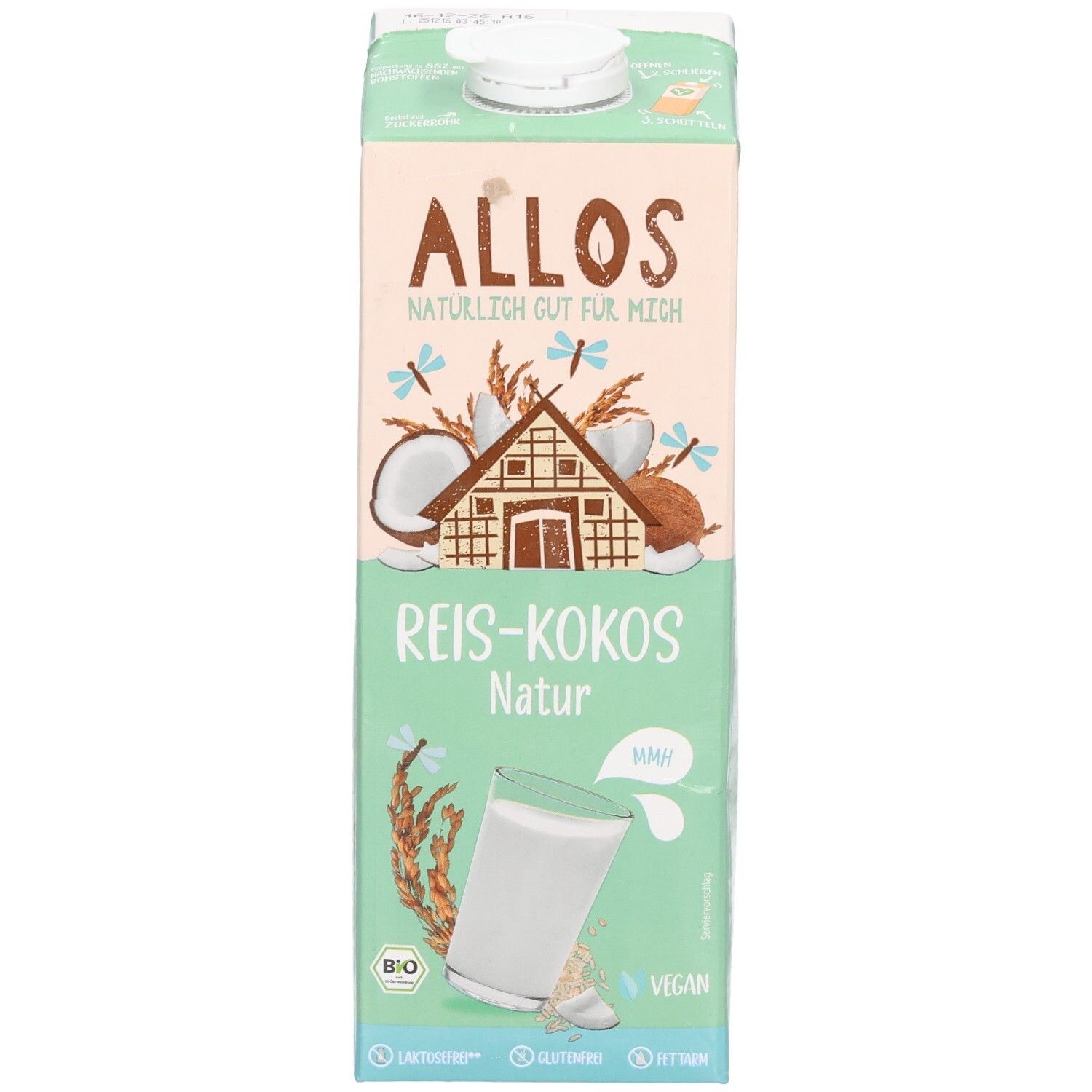 Tetrapack mit Allos Reis-Kokos Drink. Aufdrucke: Logo, Produktname, Bio-Siegel, Vegan-Siegel. Illustrationen von Kokosnuss und Reis.