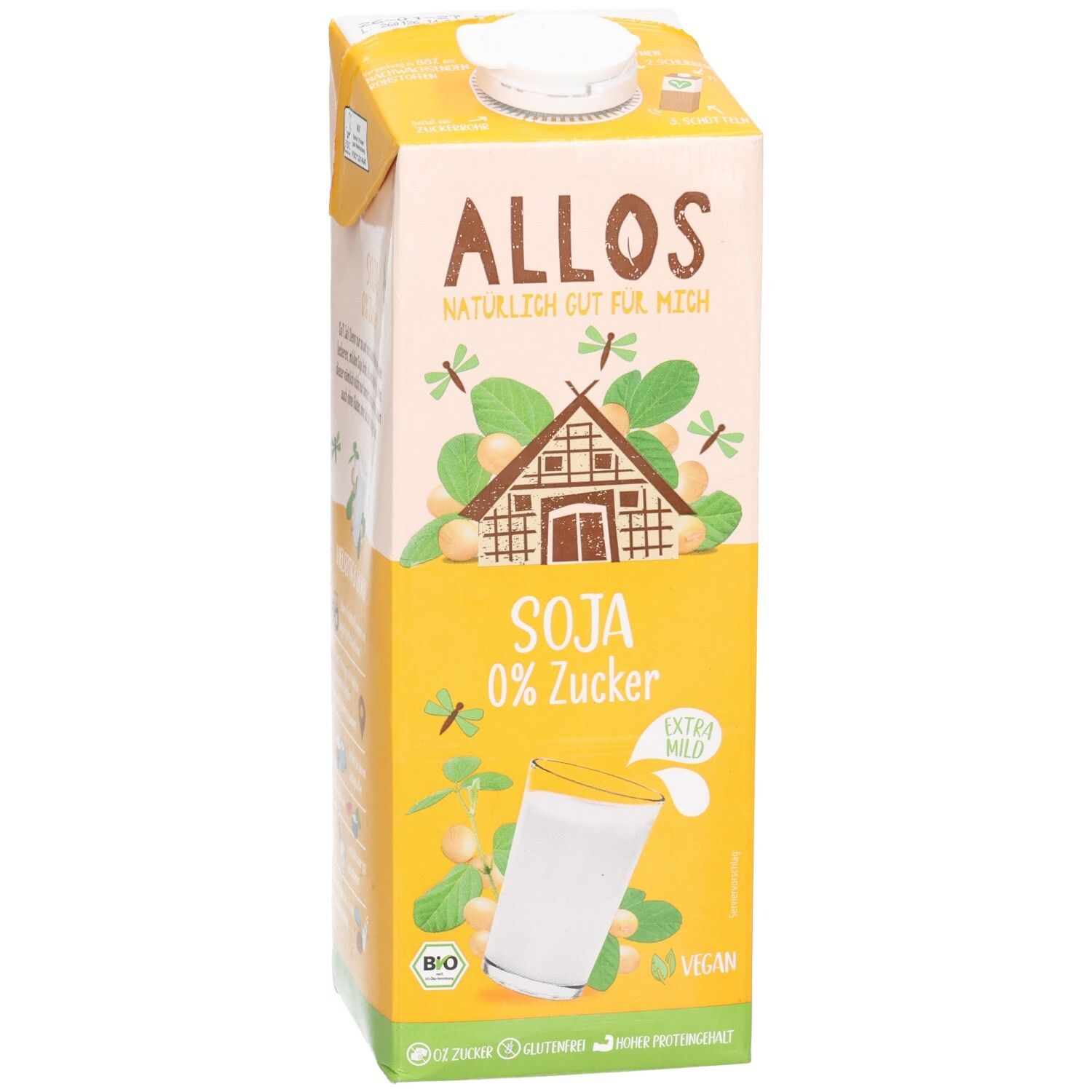 Tetrapack Allos Soja 0% Zucker. Aufdruck: Soja, Bio-Siegel, Vegan. Abbildung: Glas mit Sojadrink.