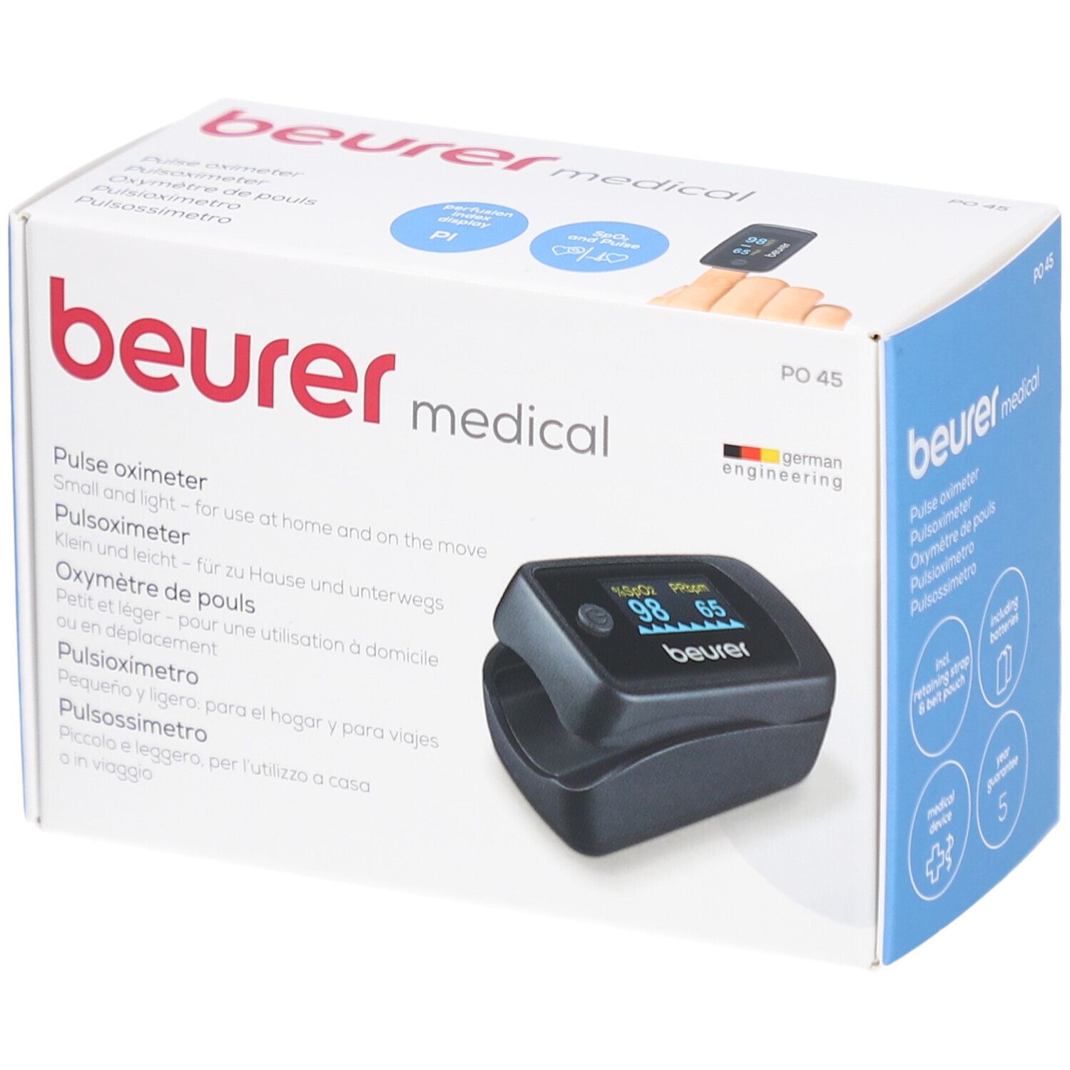 Beurer PO 45 Pulsoximeter schwarz in Verpackung. Box mit Produktabbildung und Markennamen. German Engineering.