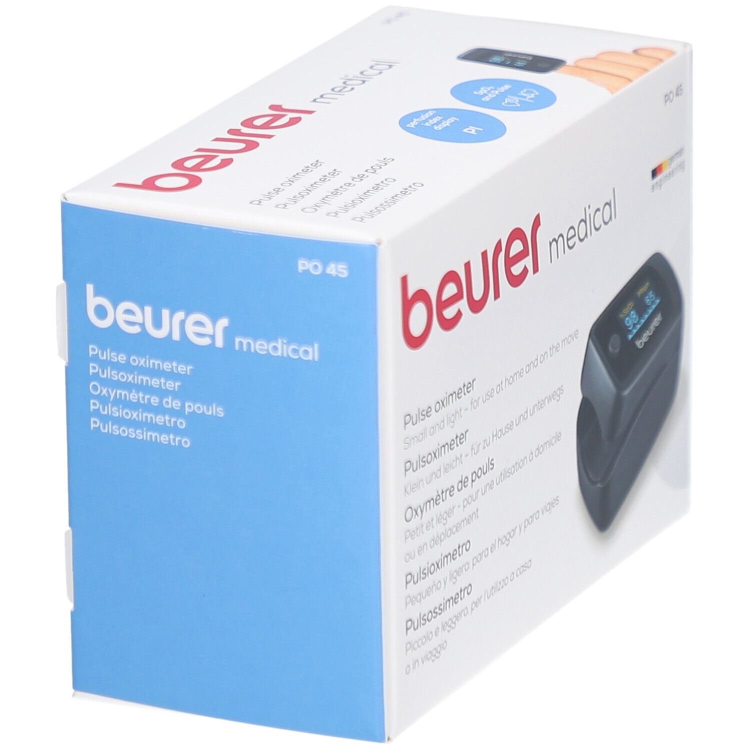 Beurer PO 45 Pulsoximeter schwarz in Verpackung. Box mit Produktabbildung und Markennamen. Blaue Seitenansicht.