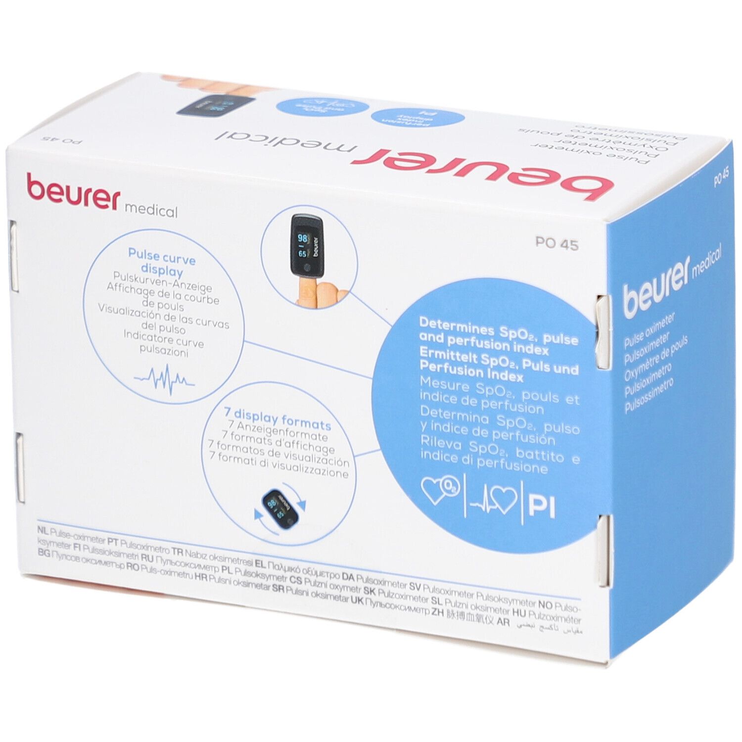 Rückseite der Verpackung des Beurer PO 45 Pulsoximeters schwarz. Produktabbildungen und Informationen.