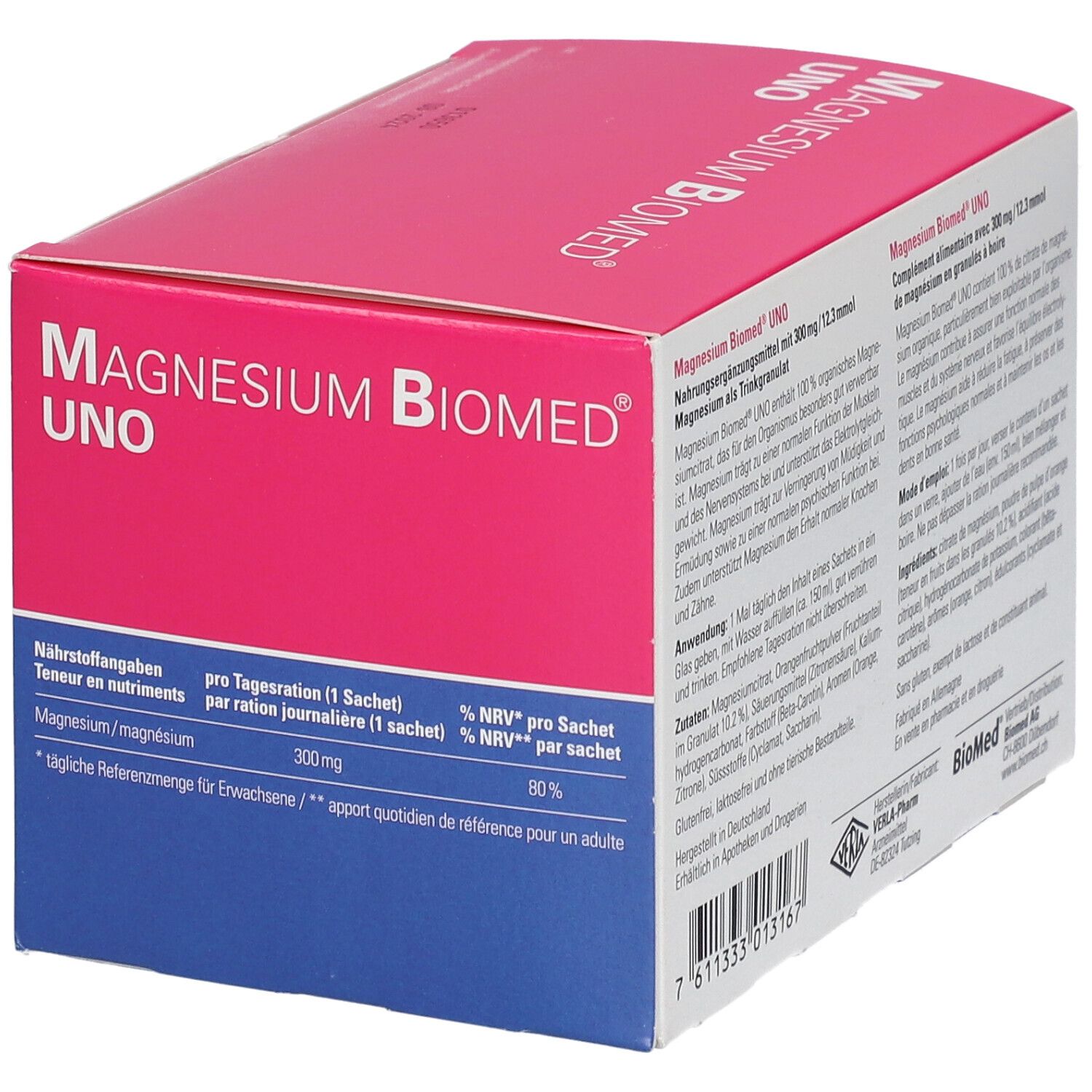 Schachtel "Magnesium Biomed UNO". Text mit Nährwertangaben. Rosa-blau. "Magnesium Biomed".