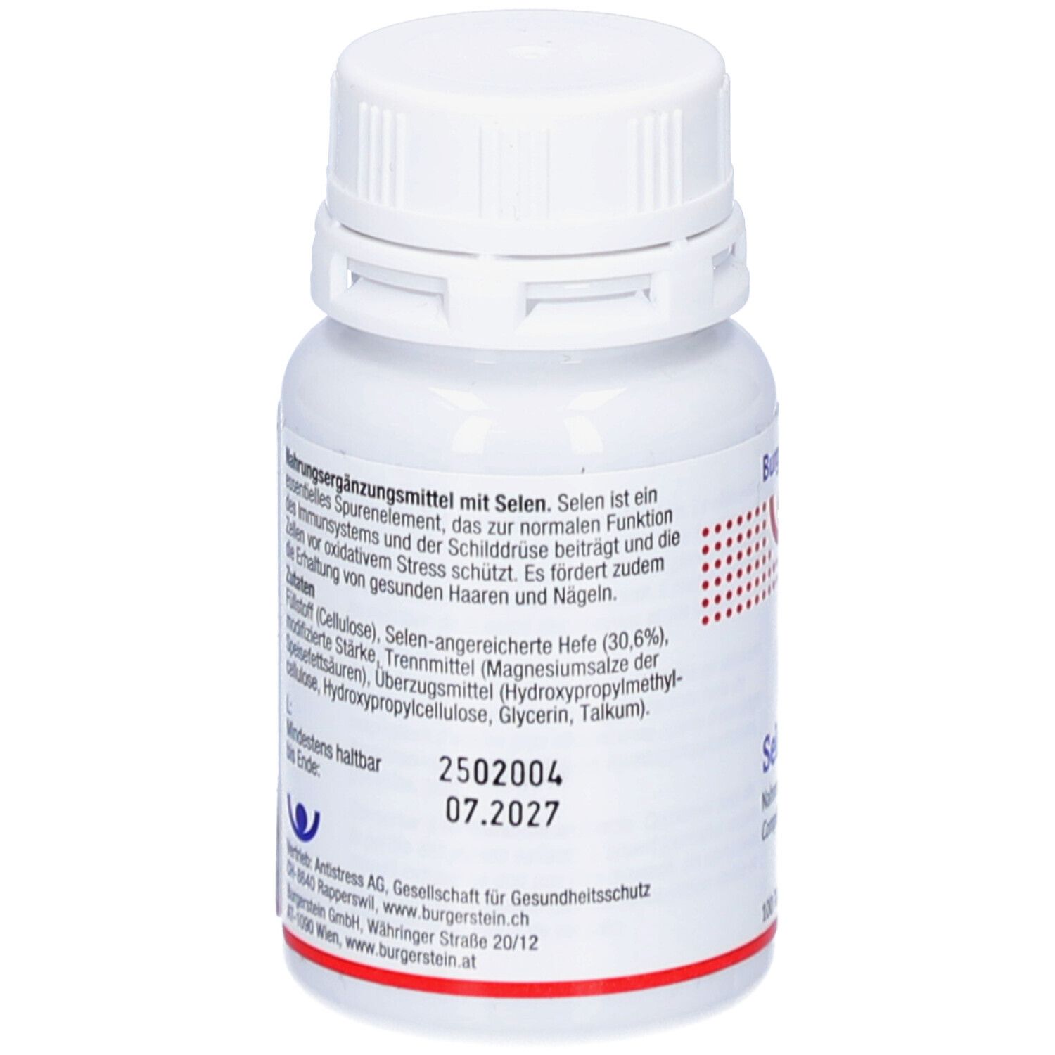 Rückseite der Tablettenflasche. Text in deutscher Sprache. Zutaten, Mindesthaltbarkeit, Herstellerinformationen. Weißer Deckel.