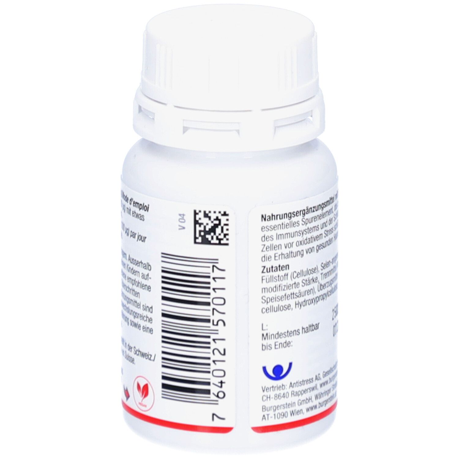 Rückseite der Tablettenflasche. Text in deutscher Sprache. Vegan-Logo. Weißer Deckel. Herstellerinformationen.