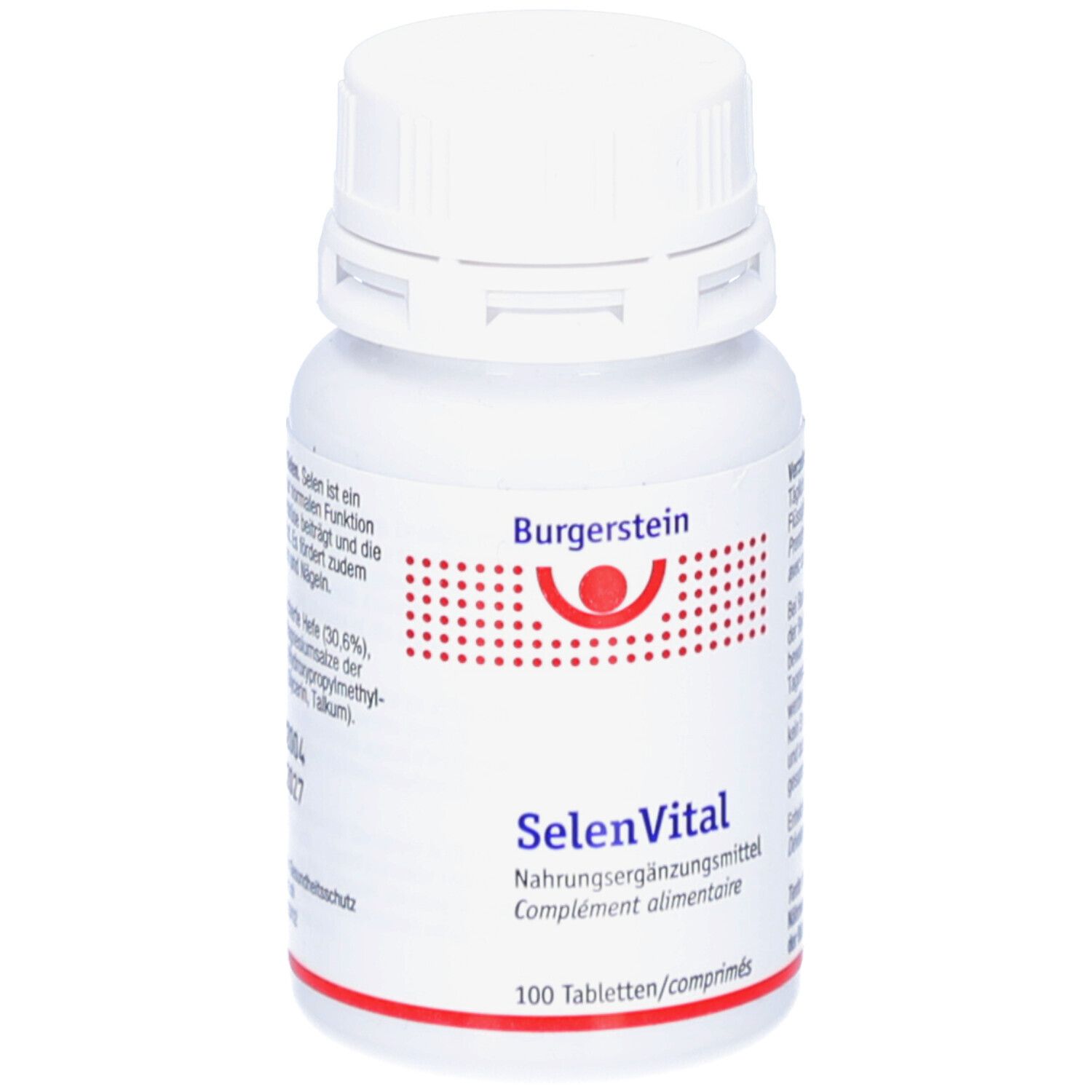 Weiße Tablettenflasche mit roter und blauer Beschriftung. Aufschrift: Burgerstein, SelenVital, 100 Tabletten. Deckel.
