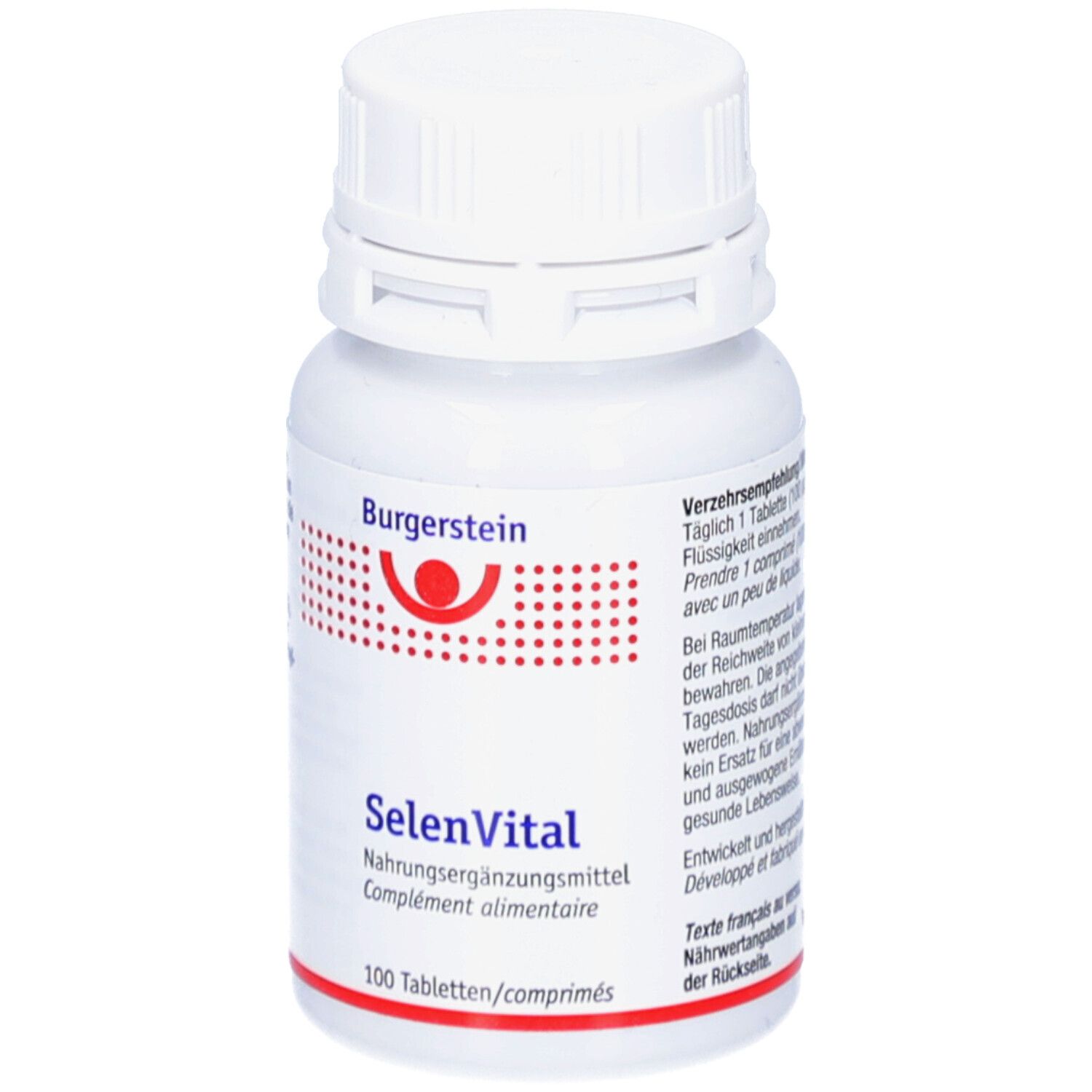 Weiße Tablettenflasche mit roter und blauer Beschriftung. Aufschrift: Burgerstein, SelenVital, 100 Tabletten. Deckel.