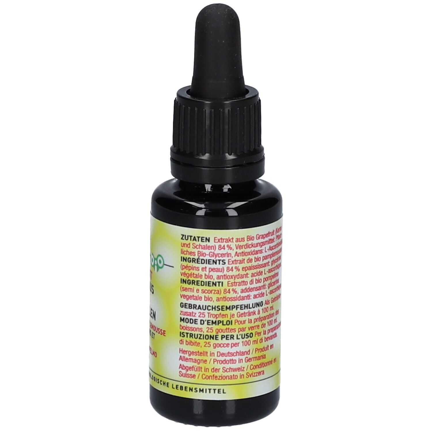 Braune Glasflasche mit schwarzem Tropfer. Text: Zutaten, Gebrauchsempfehlung, Inhaltsstoffe. Bio-Zertifizierung.