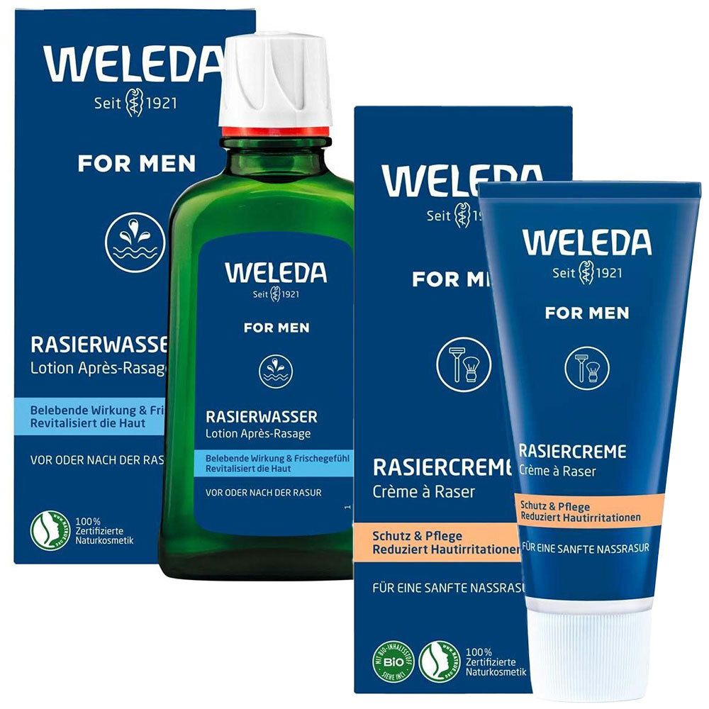 Weleda For Men Rasierwasser und Rasiercreme in blauer Verpackung. Grüne Flasche mit weißem Deckel.
