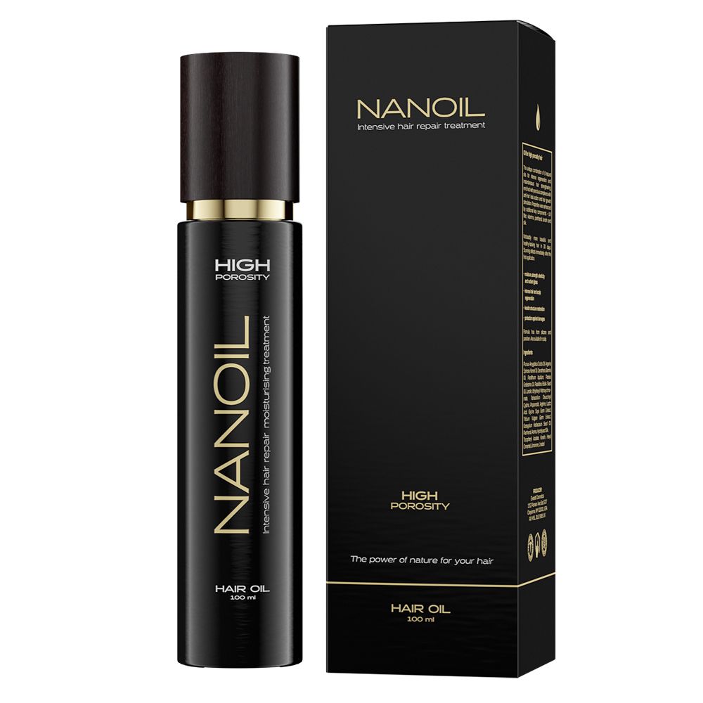 Schwarze Flasche mit NANOIL-Aufschrift und goldfarbenen Details. Daneben eine schwarze Schachtel mit Produktinformationen.