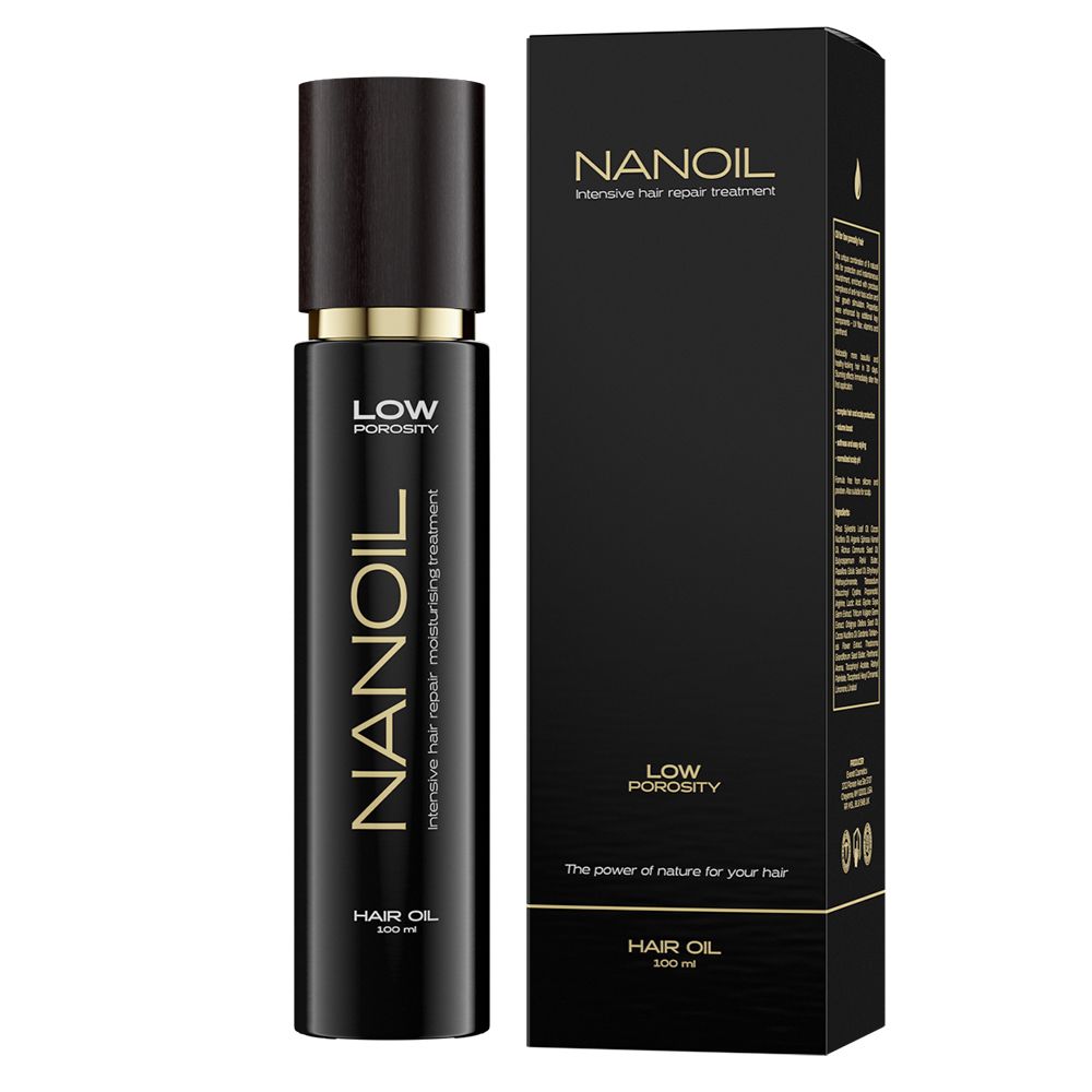 Schwarze Flasche mit goldener Schrift: NANOIL Haaröl, LOW POROSITY. Schwarze Verpackung mit Produktinformationen.