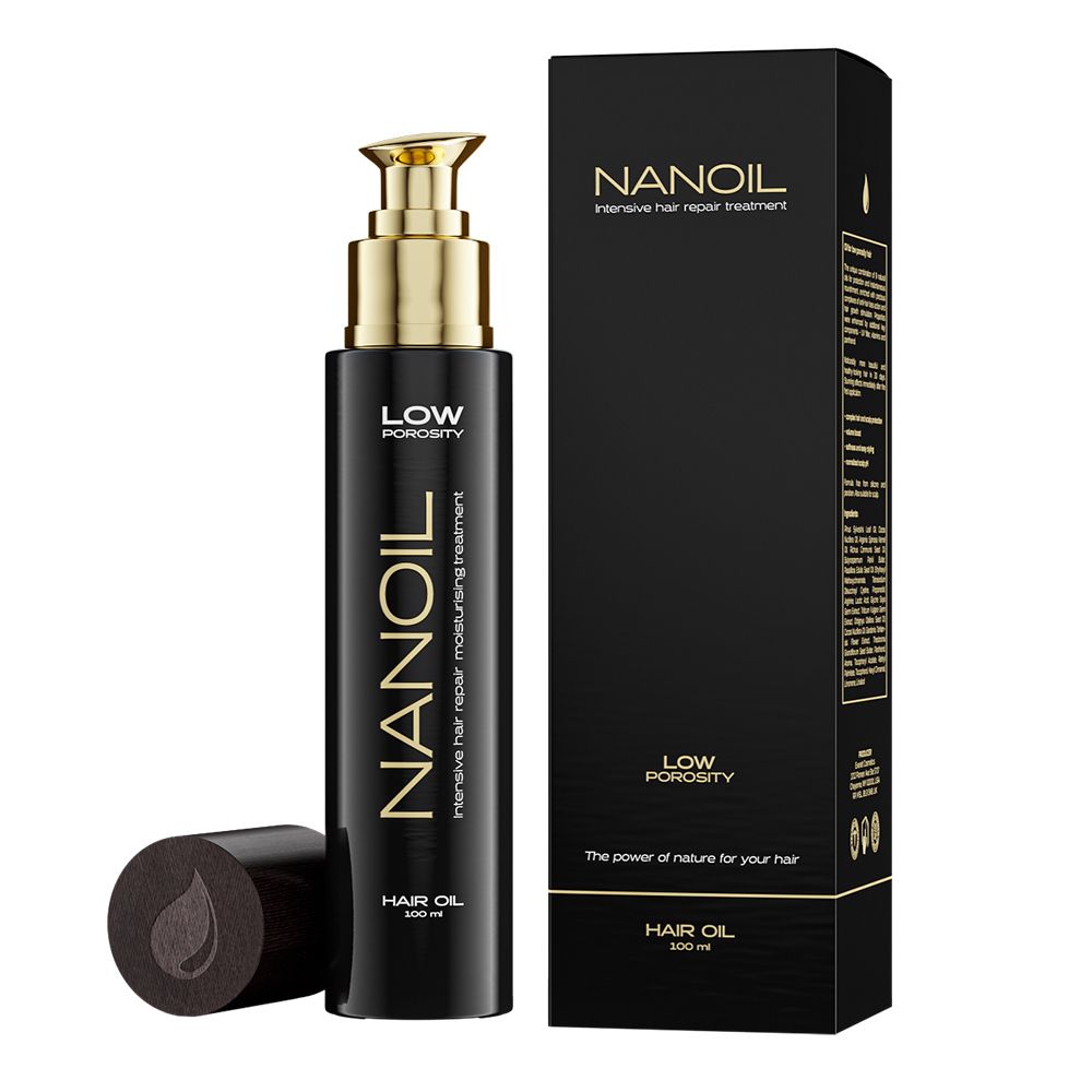 Schwarze Flasche mit goldener Schrift: NANOIL Haaröl, LOW POROSITY. Goldener Pumpkopf. Schwarze Verpackung.
