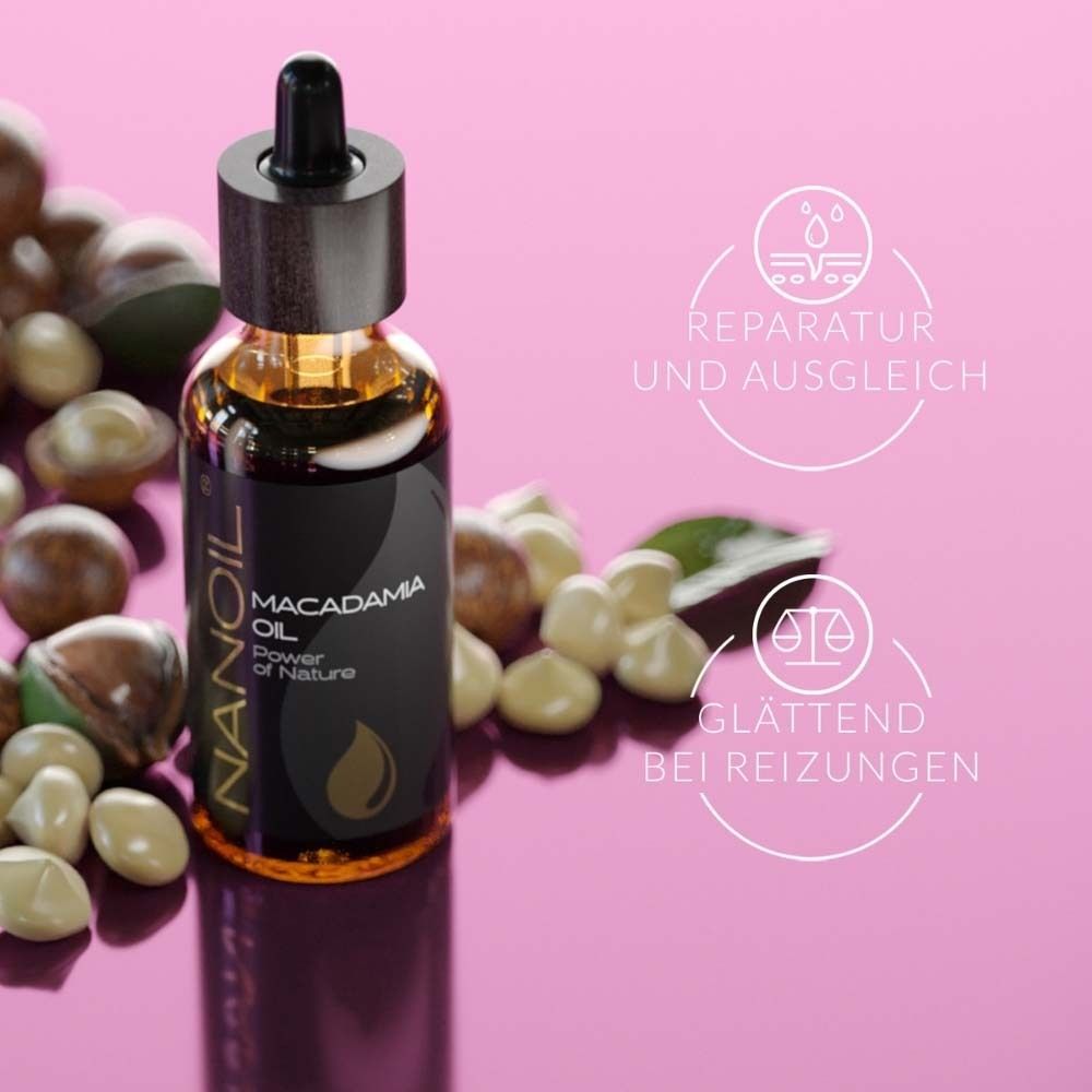 Flasche mit Produkt. Aufschrift: NANOIL Macadamia Oil. Abbildungen: Reparatur und Ausgleich, glättend bei Reizungen.