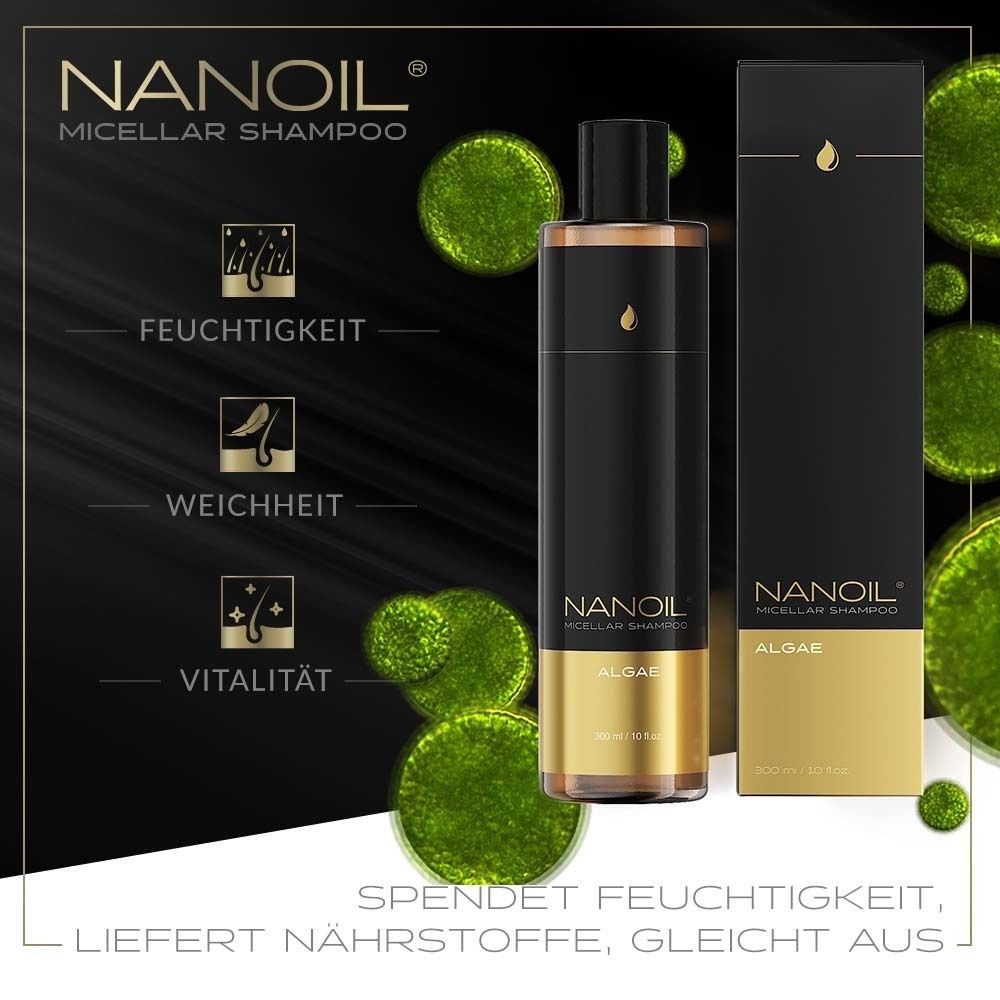 Schwarze Flasche mit goldfarbenem Boden und Deckel. Aufschrift: NANOIL Micellar Shampoo, Algae. Mit Illustrationen.
