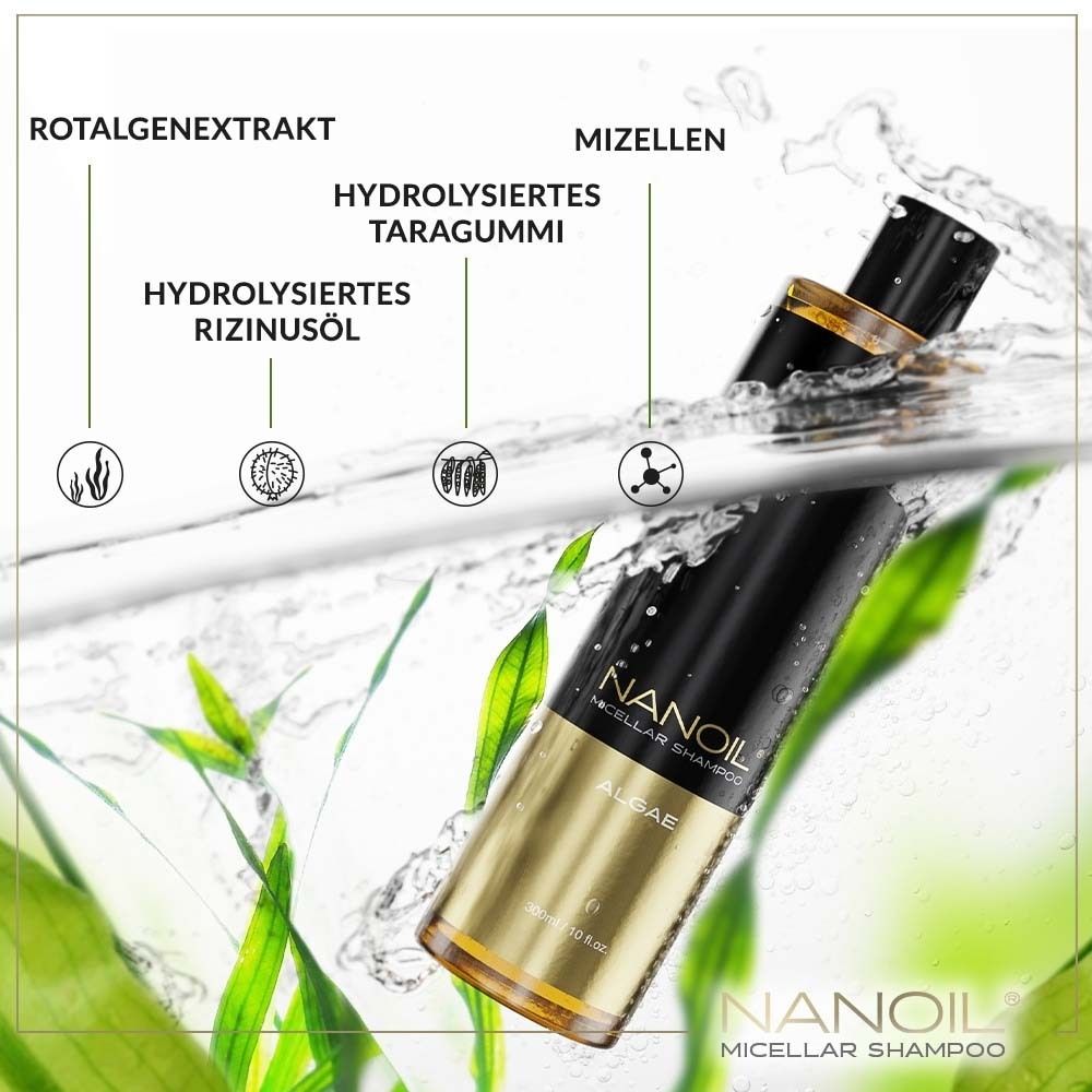 Flasche im Wasser. Aufschrift: NANOIL Micellar Shampoo, Algae. Mit Inhaltsstoff-Bezeichnungen.