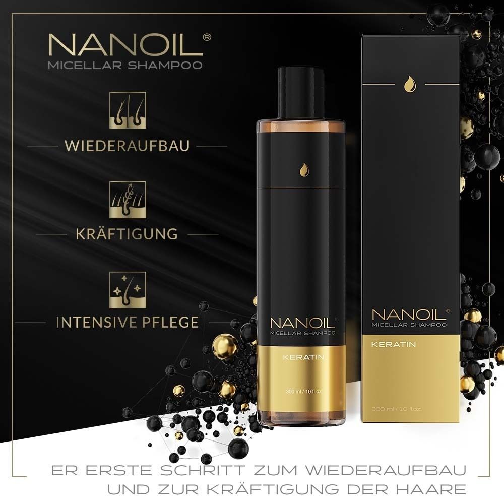 NANOIL Keratin Mizellen Shampoo. Produkt und Verpackung. Logos und Icons. Text: Wiederaufbau, Kräftigung, Intensive Pflege.