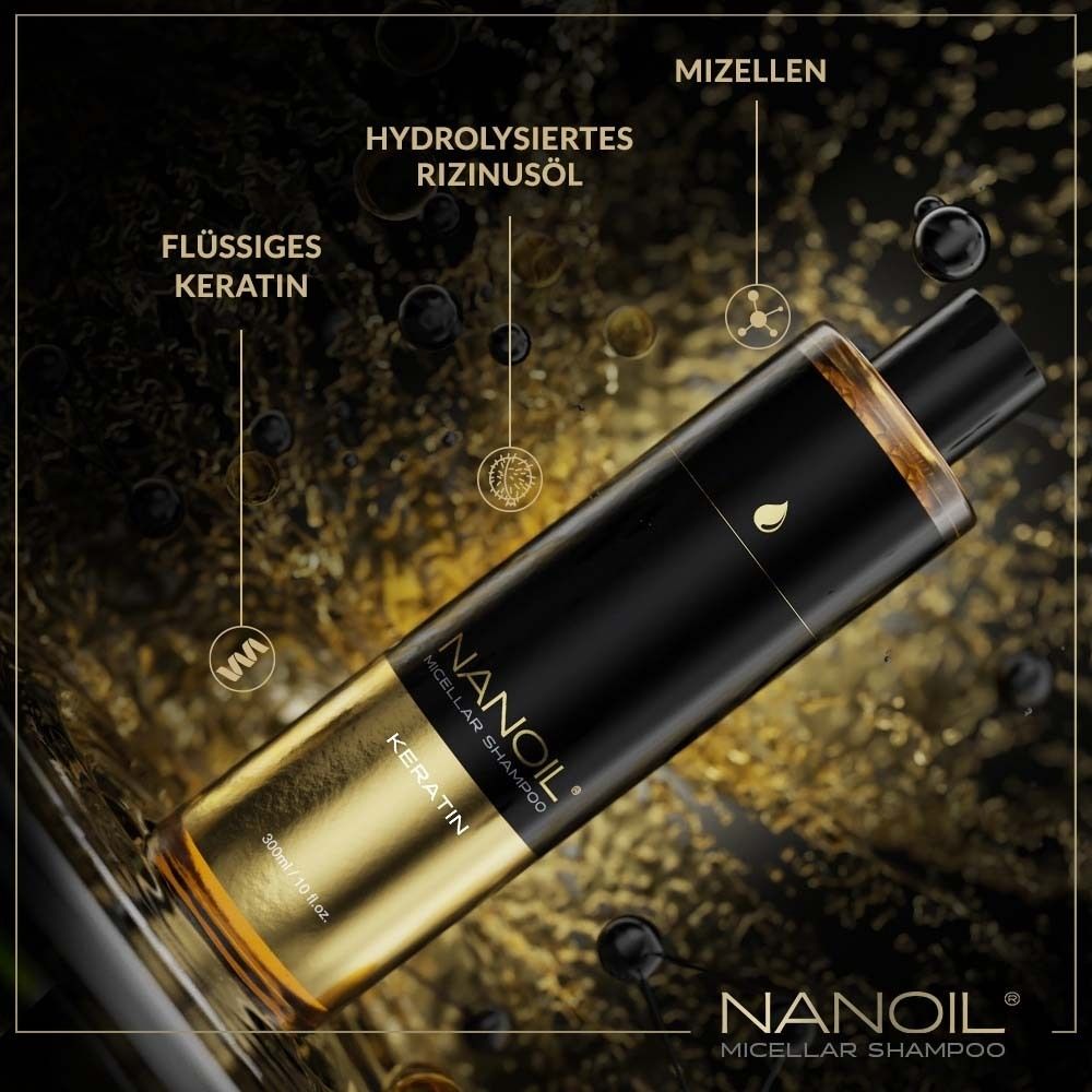 NANOIL Keratin Mizellen Shampoo. Flasche mit Inhaltsstoff-Illustrationen. Text: Flüssiges Keratin, Rizinusöl, Mizellen.