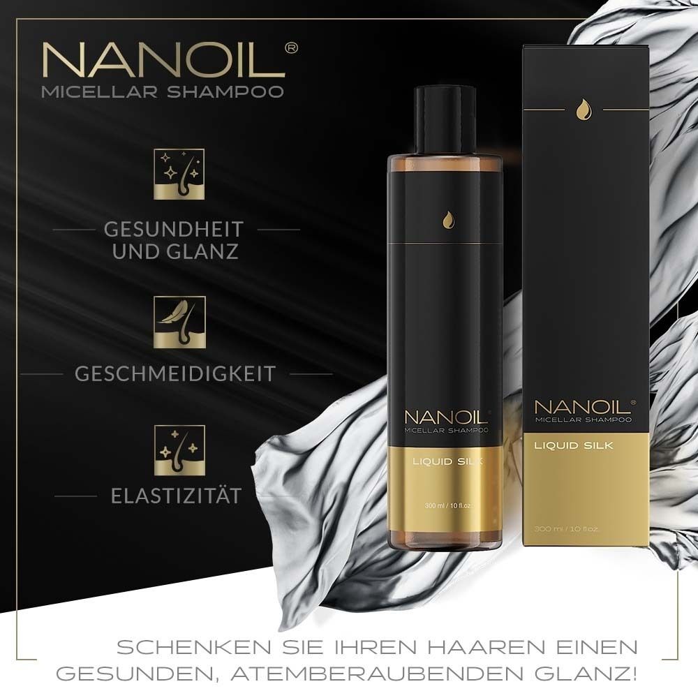 Produktflasche mit Text. Aufschrift: NANOIL, Micellar Shampoo, Liquid Silk. Grafiken für Gesundheit, Glanz, Geschmeidigkeit, Elastizität.