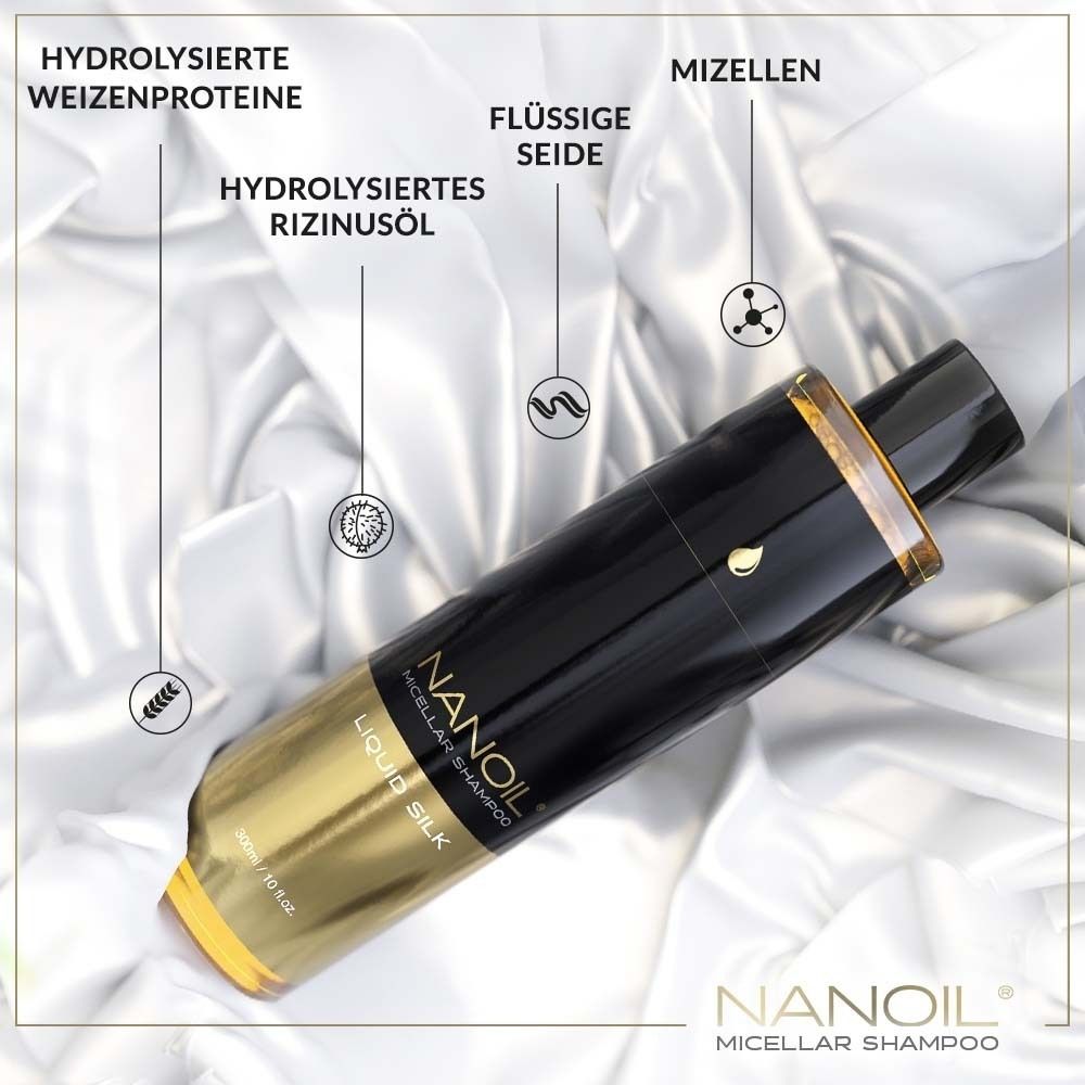 Produktflasche mit Text. Aufschrift: NANOIL, Liquid Silk. Beschriftungen: hydrolysierte Weizenproteine, flüssige Seide, Mizellen.