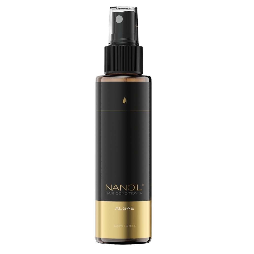 NANOIL® Algen Haarspülung. Schwarze Flasche mit Sprühkopf und goldener Basis.