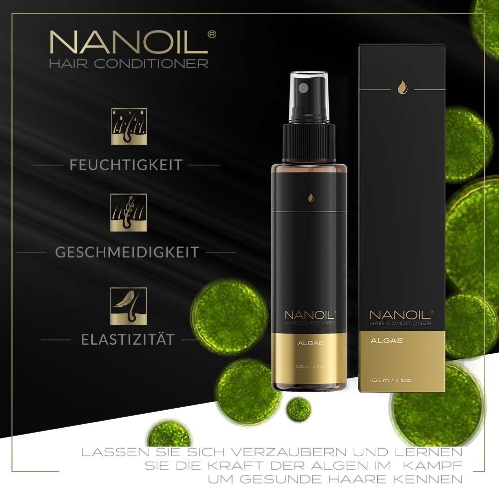 NANOIL® Haarspülung mit Algen. Schwarzer Hintergrund mit grünen Kreisen. Text: Feuchtigkeit, Geschmeidigkeit, Elastizität.