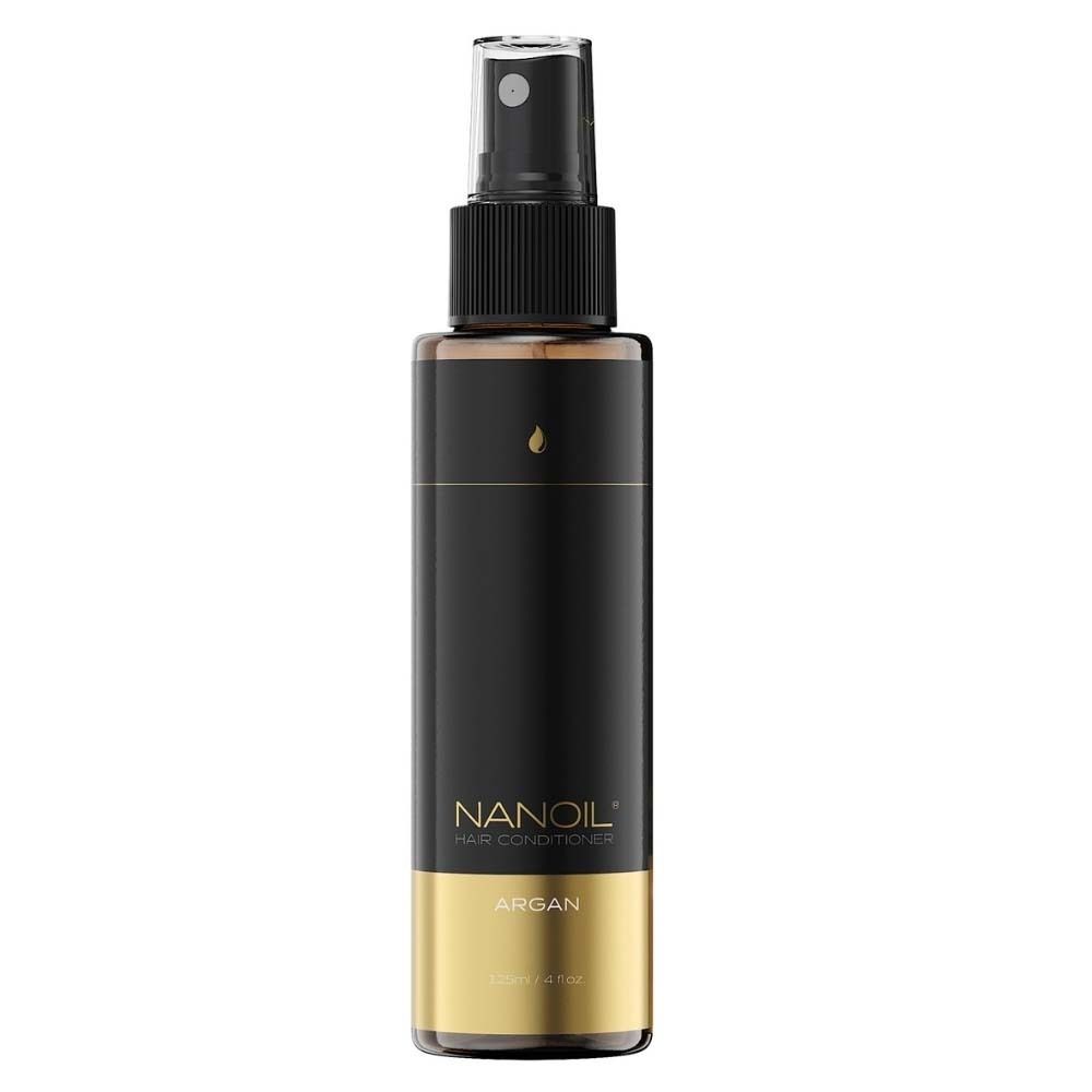 NANOIL® Argan Haarspülung. Schwarze Flasche mit Sprühkopf und goldener Schrift.