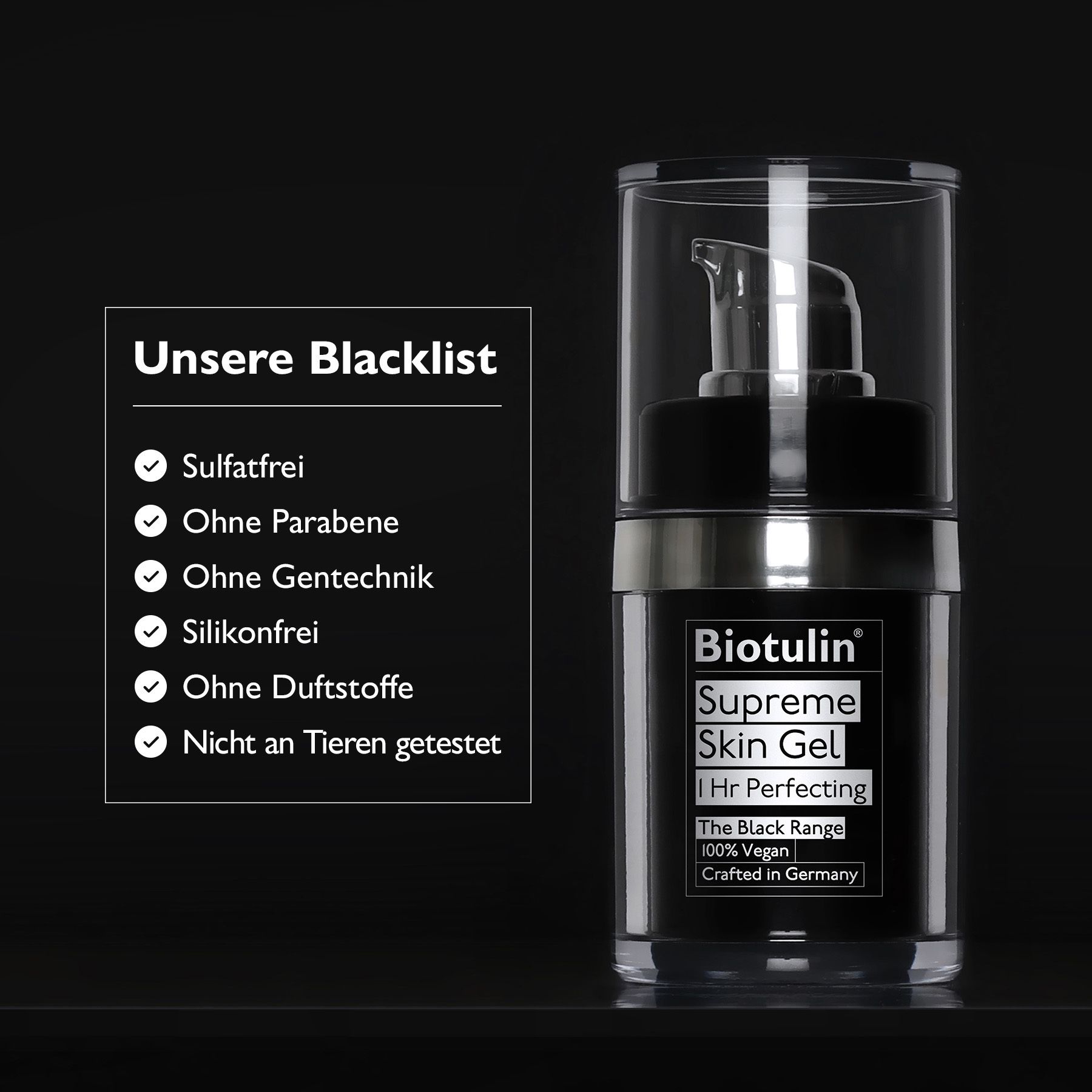 Biotulin Supreme Skin Gel in schwarzer Flasche mit Spender. Unsere Blacklist.