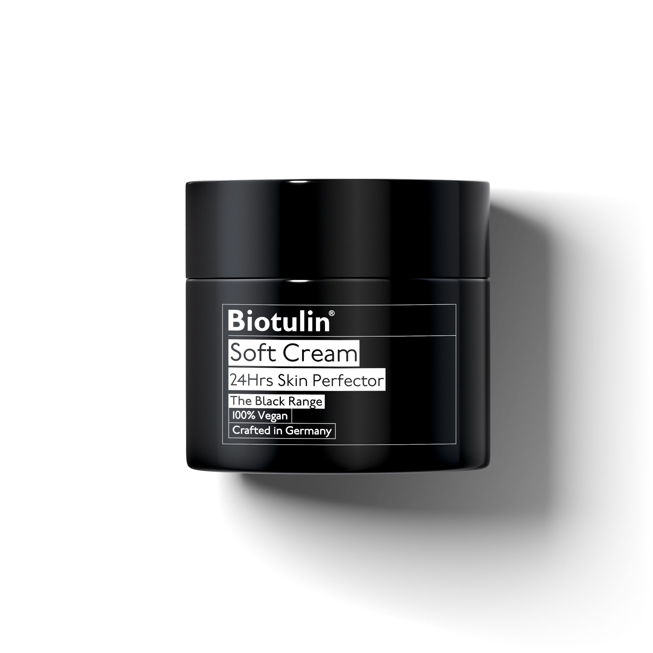 Schwarzer Tiegel mit Biotulin Soft Cream. Text: 24hrs Skin Perfector, The Black Range.