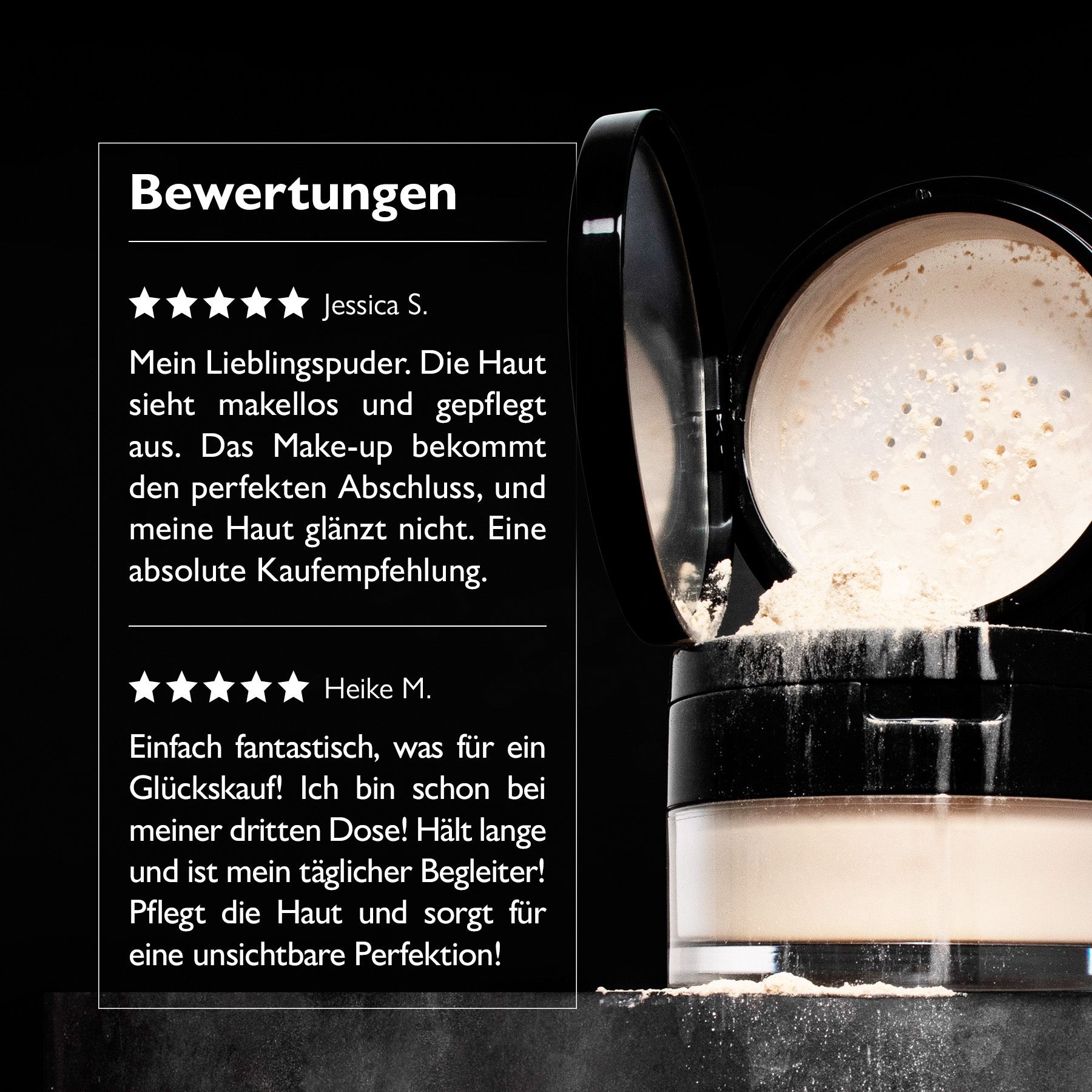 Puder-Dose mit schwarzem Deckel. Text: Bewertungen. Kundenrezensionen.