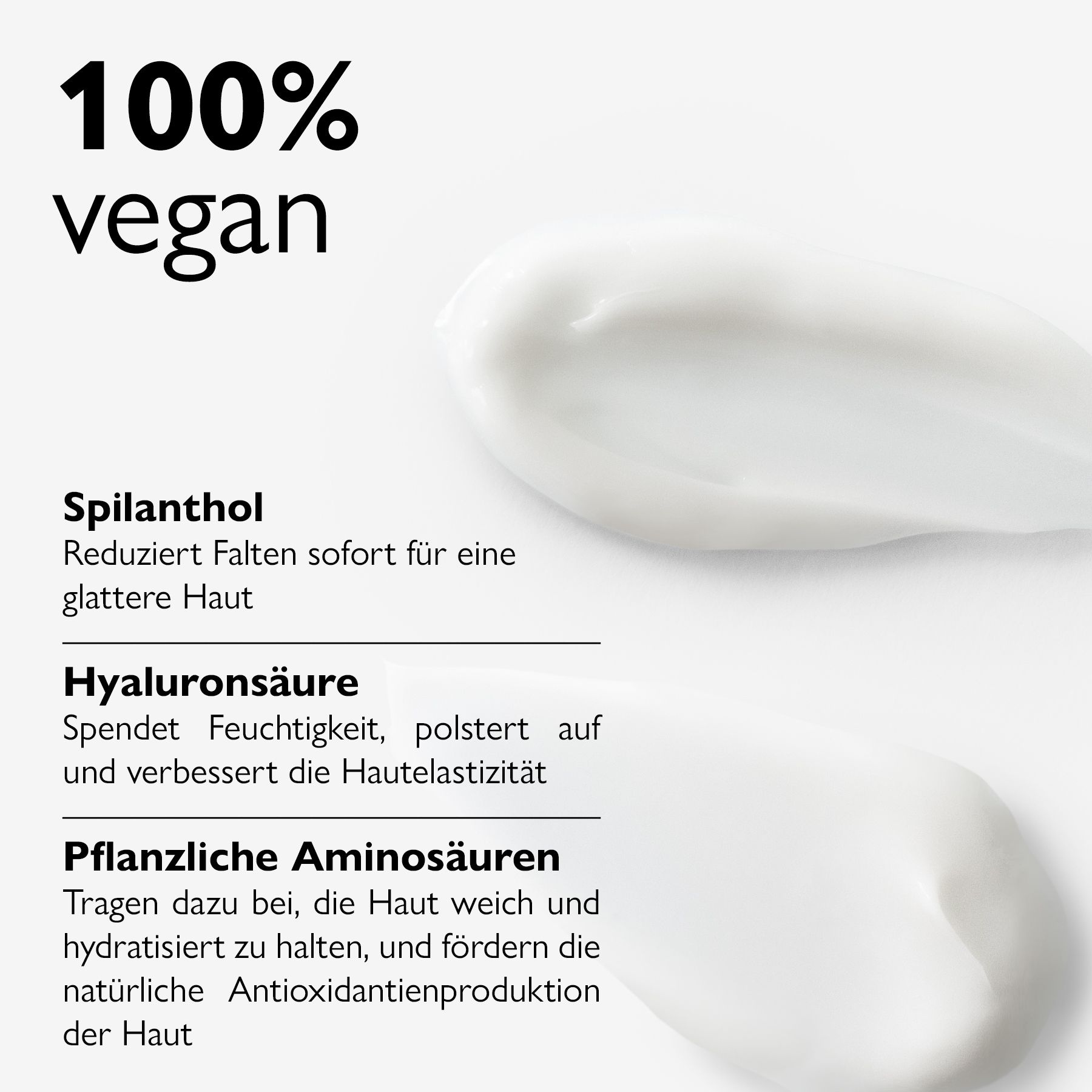 Text: 100% vegan. Textabschnitte über Spilanthol, Hyaluronsäure und Aminosäuren pflanzlichen Ursprungs.