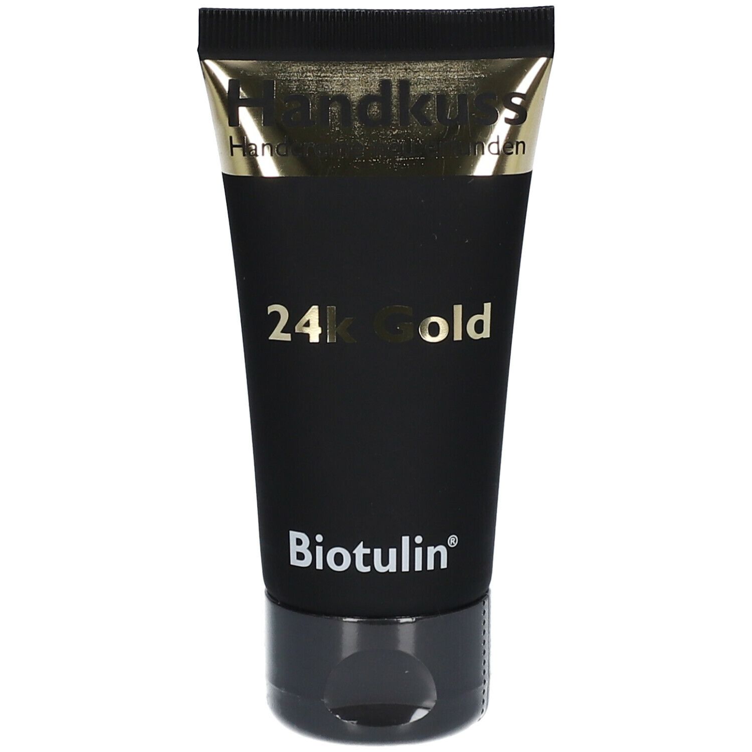 Schwarze Tube mit goldenem Aufdruck. Enthält 24K Gold. Marke Biotulin®. Handcreme.