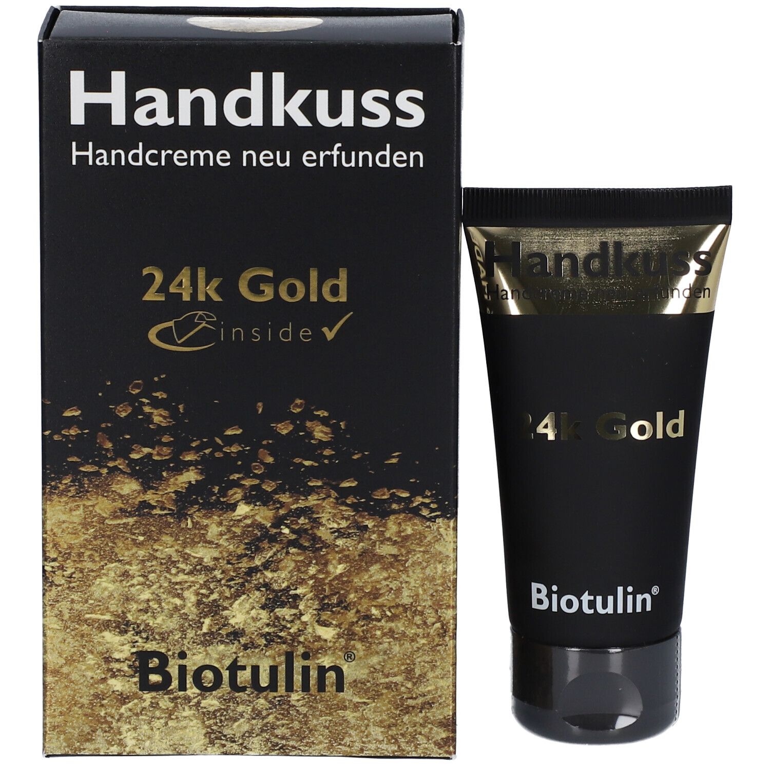 Schwarze Schachtel und Tube. Aufdruck: Handkuss, 24K Gold, Biotulin. Handcreme neu erfunden.