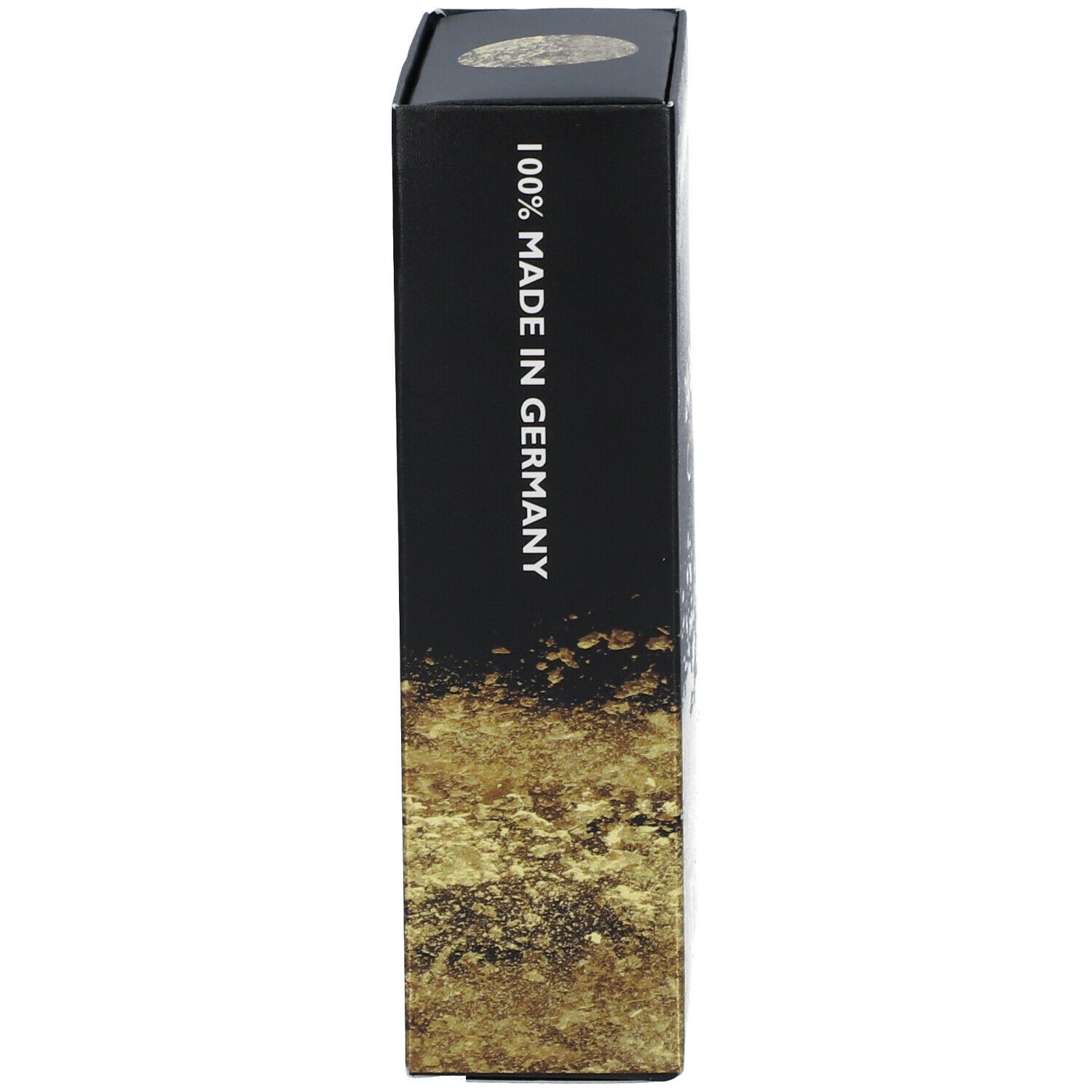 Schwarze Schachtel, Seite mit Text: 100% Made in Germany. Goldener Hintergrund.