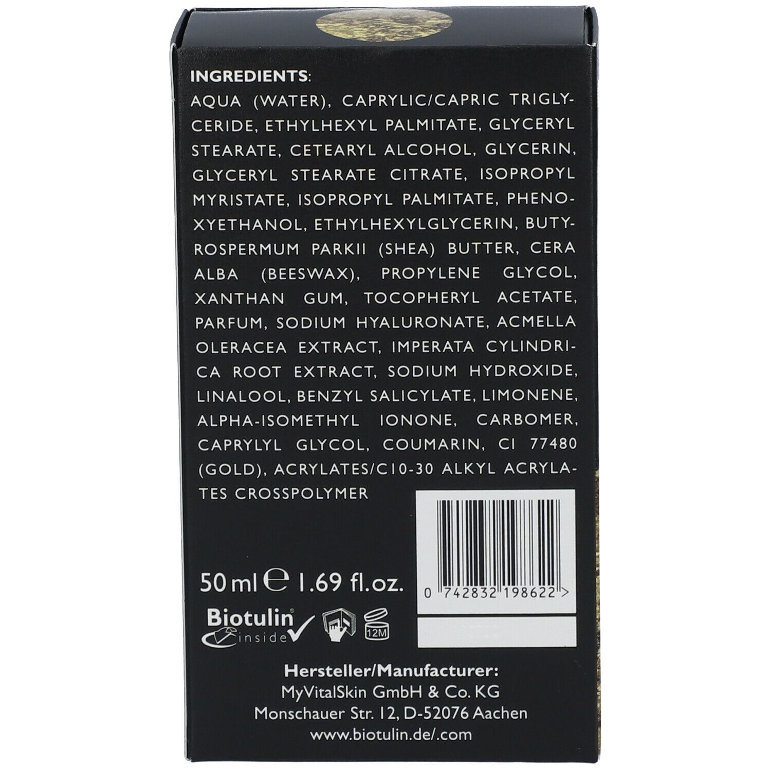 Rückseite der schwarzen Schachtel. Zutatenliste, 50 ml, Biotulin. Hersteller: MyVitalSkin GmbH.