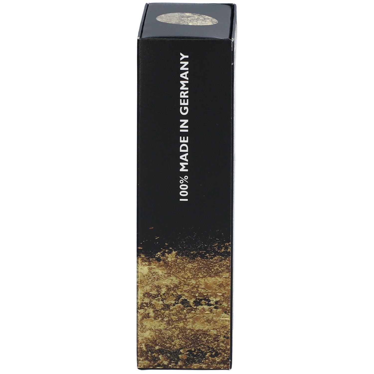 Schwarze Schachtel, Seite mit Text: 100% Made in Germany. Goldener Hintergrund.