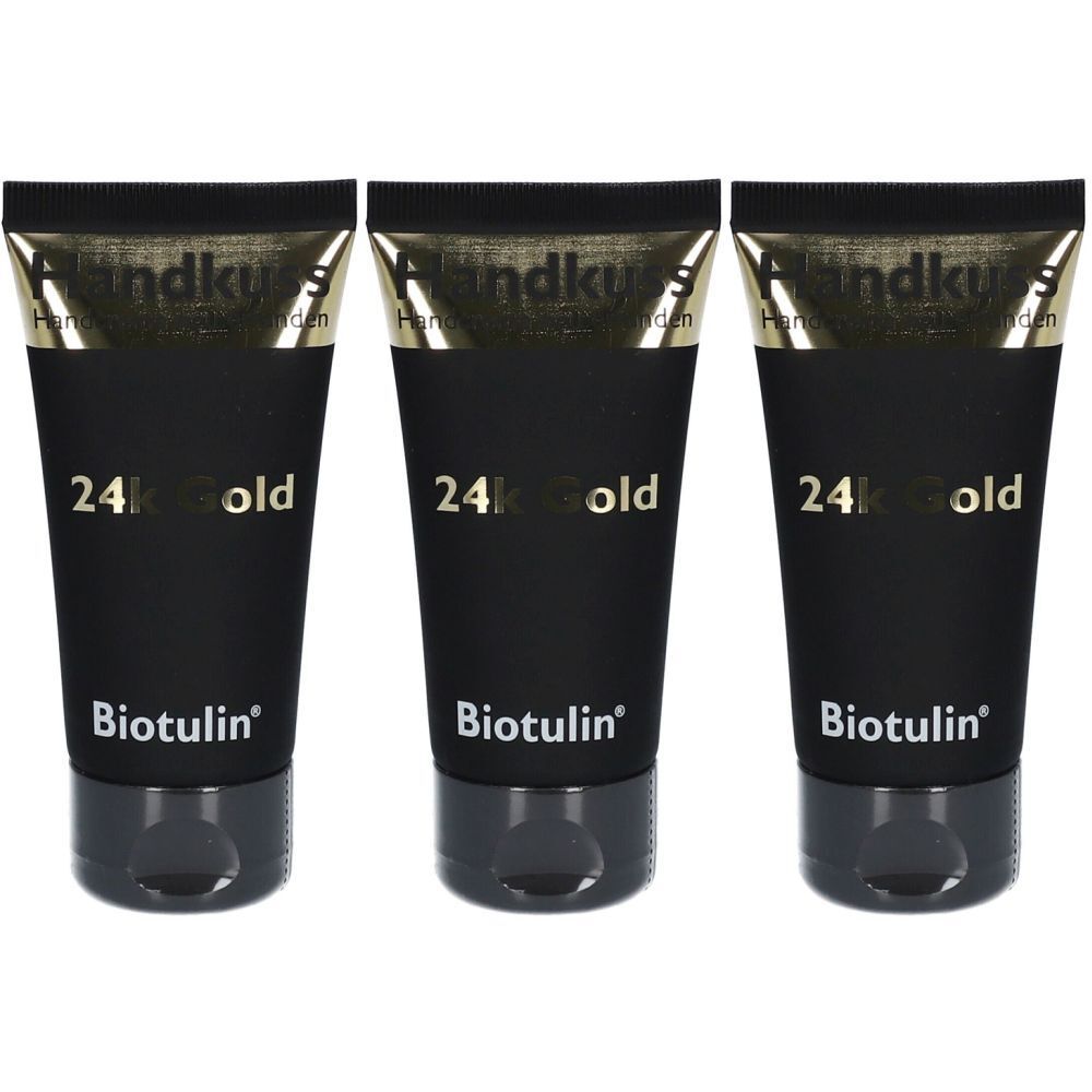 Drei schwarze Tuben mit goldenem Aufdruck. Enthält 24K Gold. Marke Biotulin®. Handcreme.