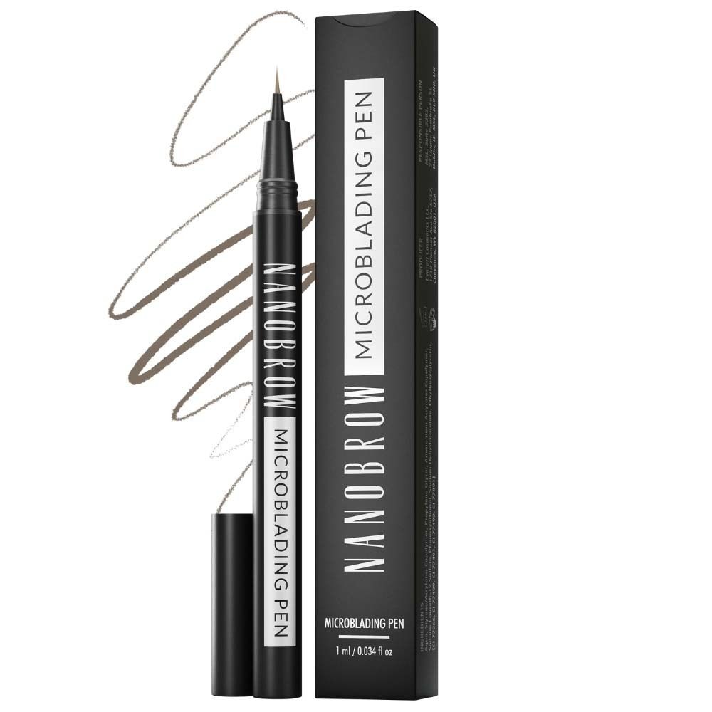 NANOBROW Microblading Pen. Schwarzer Stift mit Kappe und Verpackung. Strichzeichnungen. Aufschrift: MICROBLADING PEN.