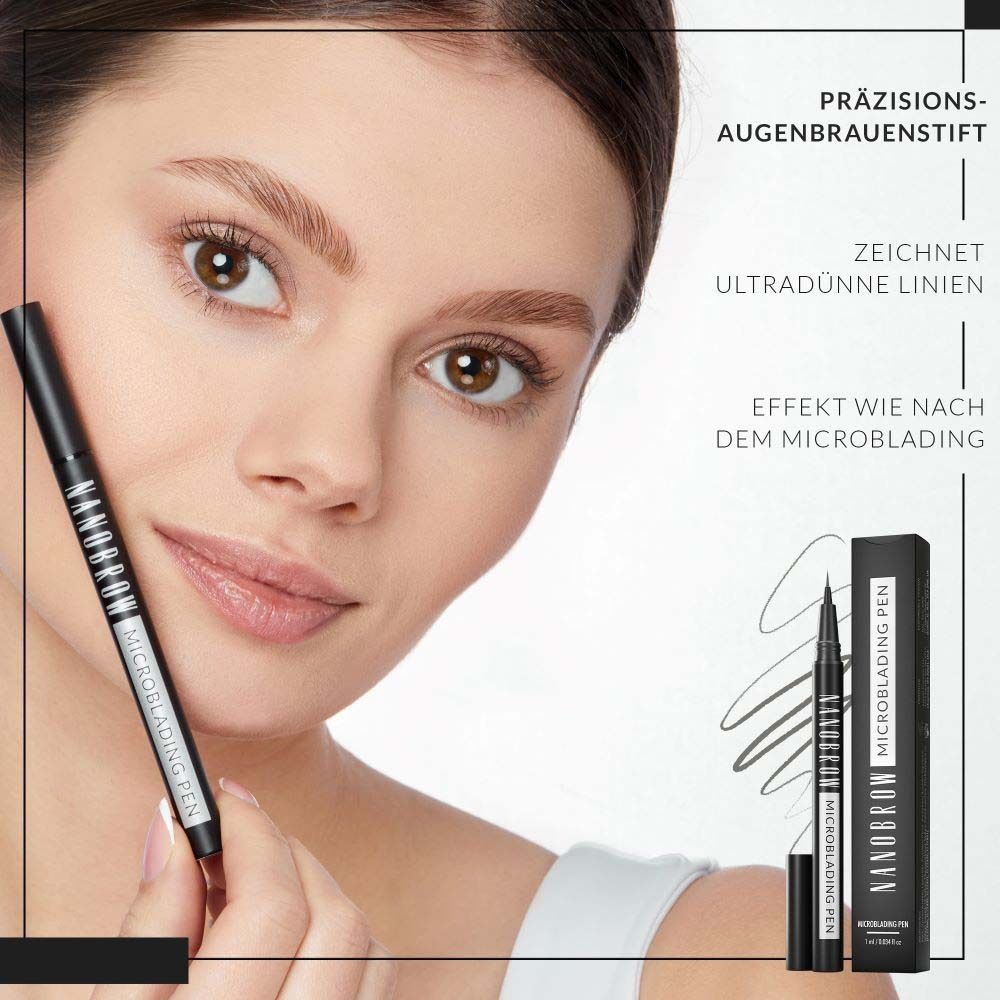 Frau hält NANOBROW Microblading Pen. Schwarzer Stift, Verpackung. Text: Präzisions-Augenbrauenstift, ultradünne Linien.