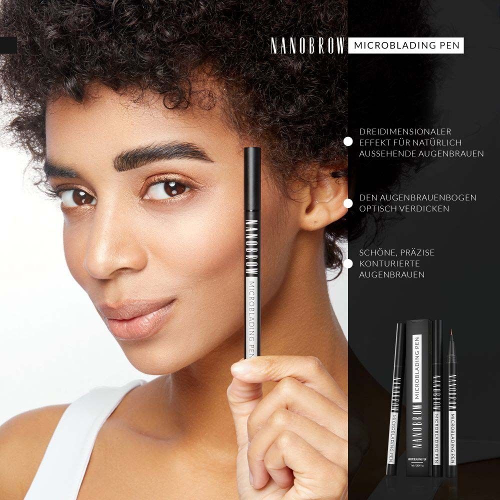 Frau hält NANOBROW Microblading Pen. Schwarzer Stift, Verpackung. Text: 3D-Effekt, natürliche Augenbrauen, präzise Konturen.