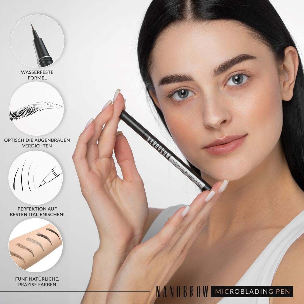 Frau hält NANOBROW Microblading Pen. Schwarzer Stift, Verpackung. Text: Wasserfeste Formel, präzise Farben.