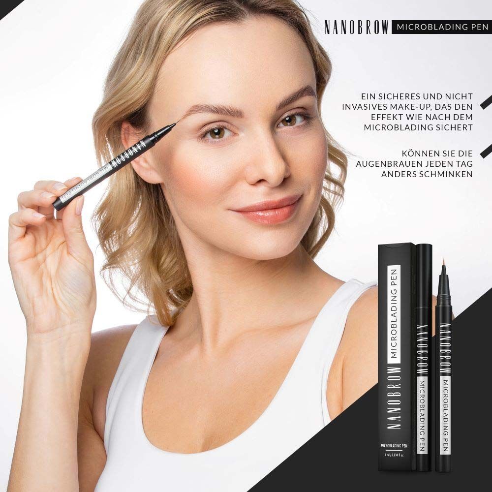 Frau hält NANOBROW Microblading Pen. Schwarzer Stift, Verpackung. Text: Sicheres Make-up, Augenbrauen täglich schminken.
